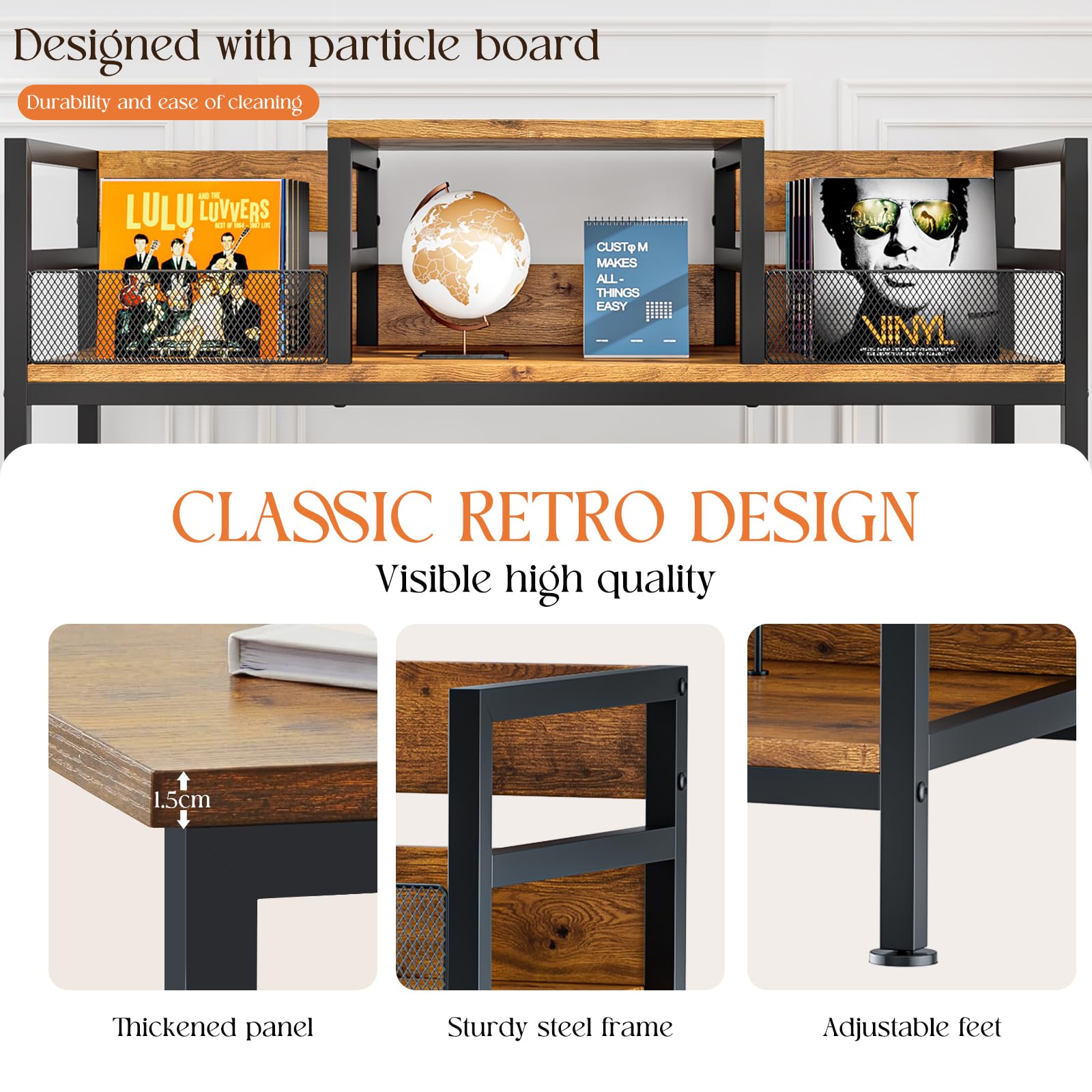 Mobile Giradischi e Porta Vinili in Stile Industriale, Mobile per Giradischi e Vinili con Struttura in Metallo e Legno, Supporto per Giradischi con Capacità 350 Dischi, 116,5×37×77,5 cm (Marrone)