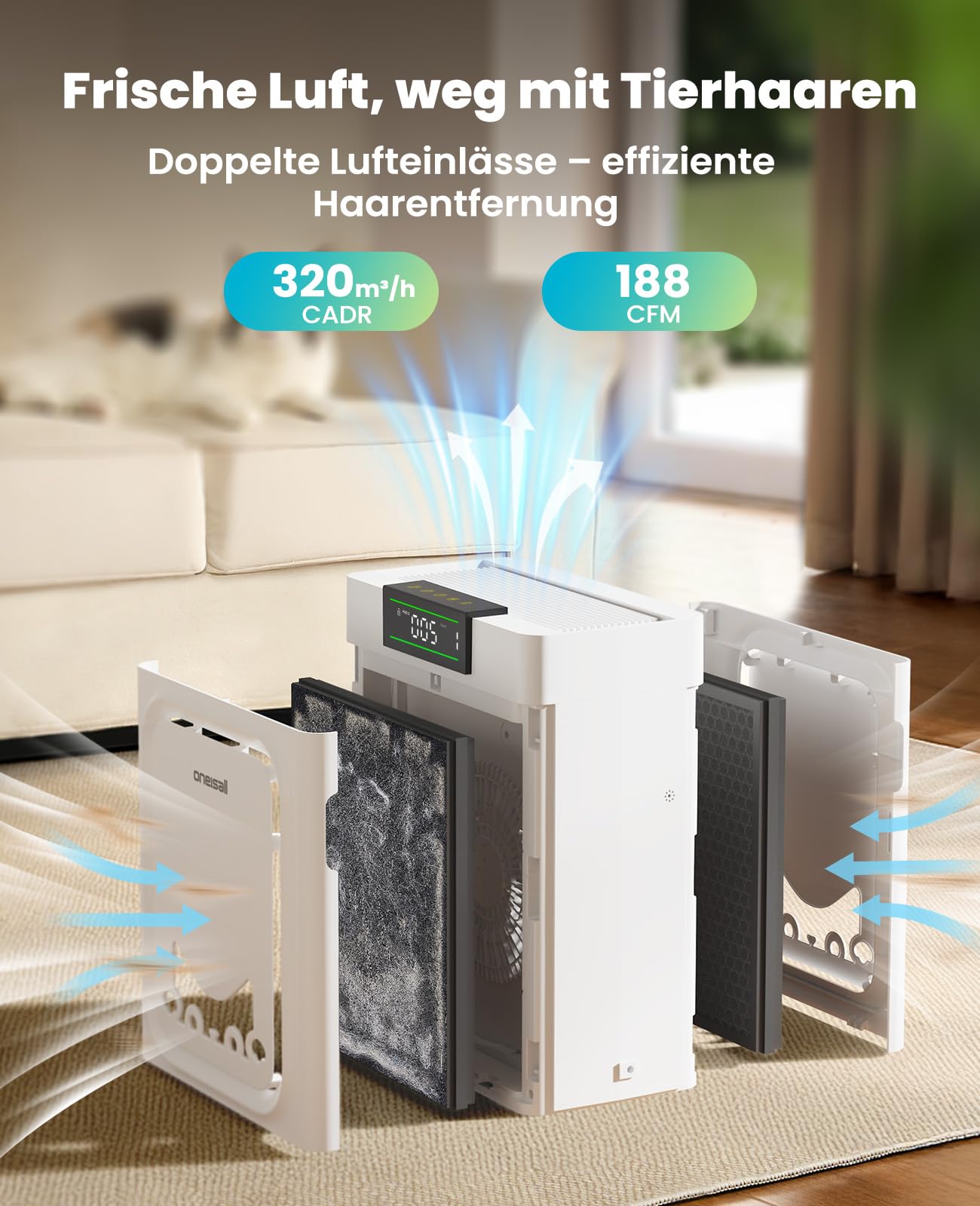 oneisall Luftreiniger mit Waschbare HEPA-Filter, CADR 320m³/h, 204m², 20dB Leise Air Purifier für Allergikerfreundlich Gegen 99,97% Haustiere Tierhaare Hautschuppen Pollen PM2.5 Staub Schimmel Gerüche