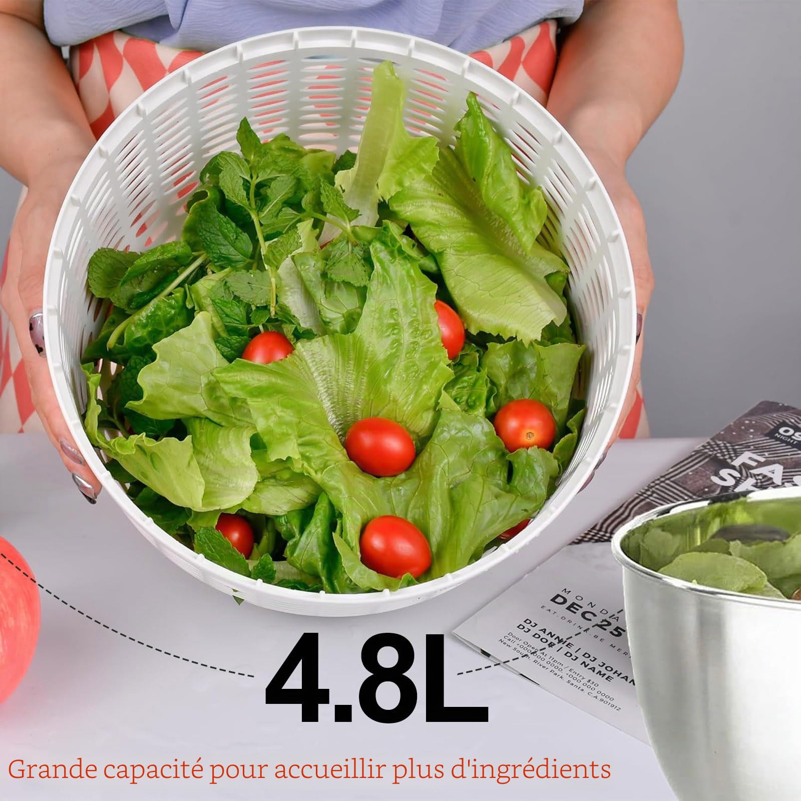 Essoreuse à Salade en Acier Inoxydable avec Couvercle de 4,8 l et Base Antidérapante – Grande Spinner à Salade– Essoreuse à Salade Electrique pour Laitue, Fruits, sans BPA et Passe au Lave-Vaisselle
