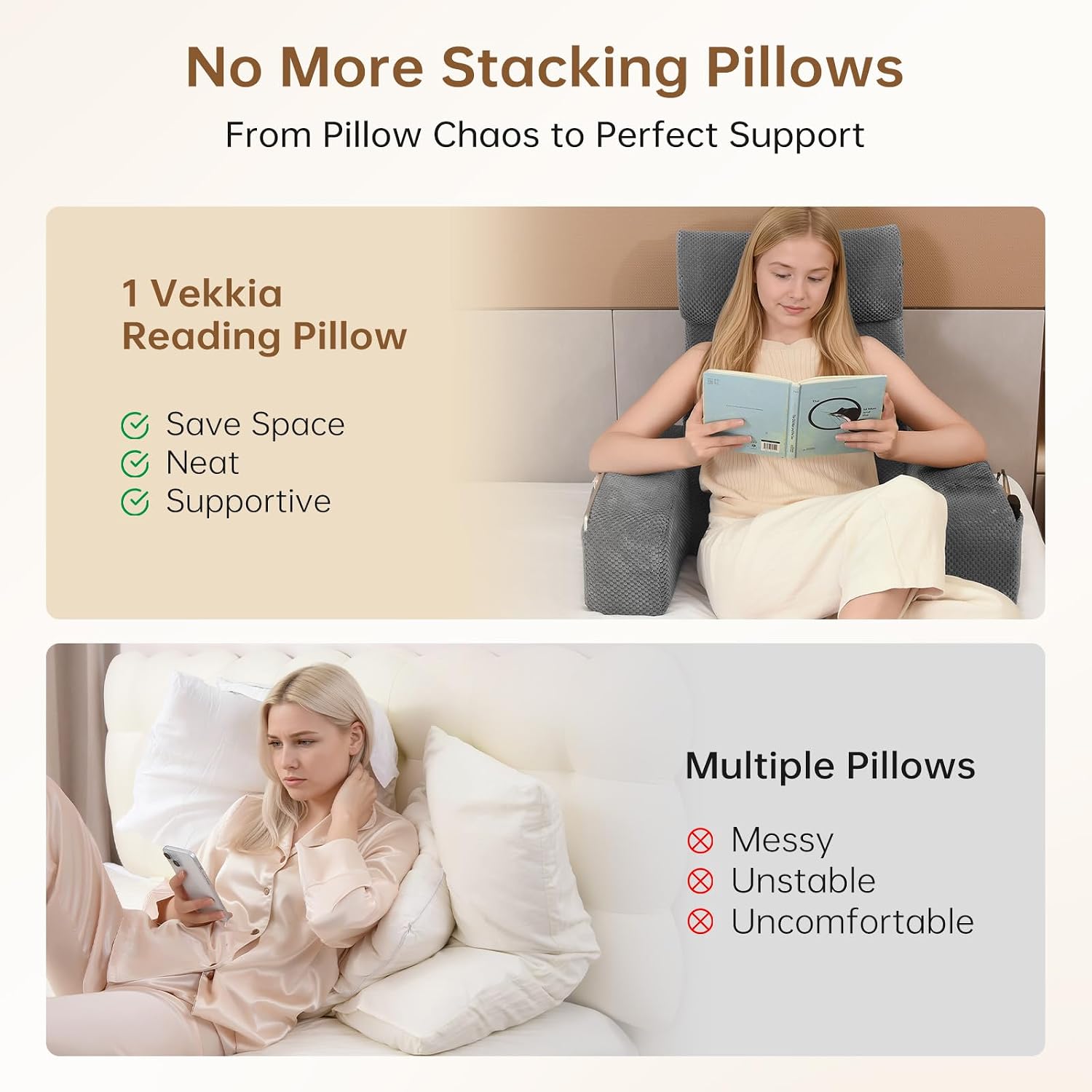 Vekkia 19'' Reading Pillow for Adults with XL Side Pockets | 45° Back Support Chair, Washable Cover, Adjustable Arms, Perfect for Gaming, Watching TV, Relaxing, or Recovery, Gift Idea