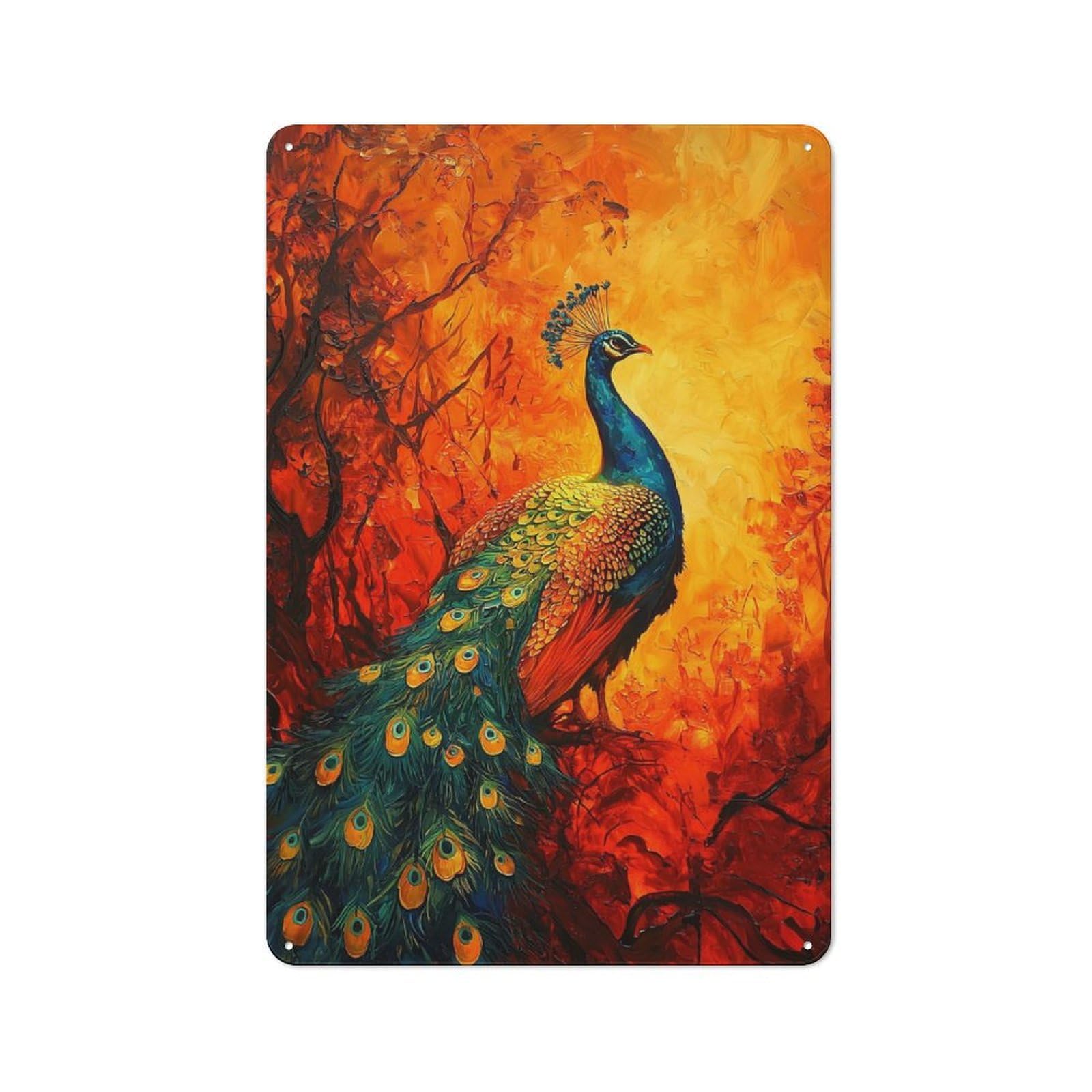 Peacock in Fiery Forest Warehouse Style Metal Wall Decor 30x20cm, Tin Wall Sign for Modern Home, Workshop, Office Or Cafe