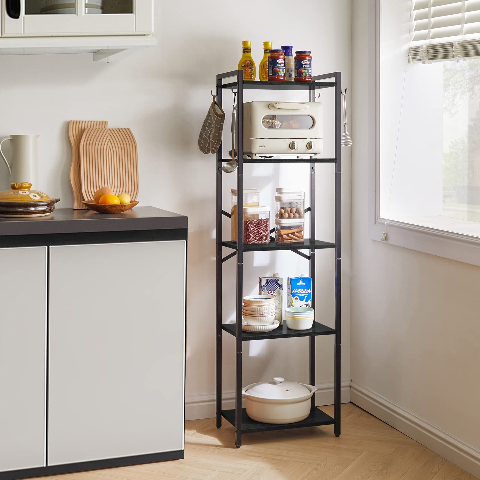 YMYNY Étagères à 5 Niveaux, Bibliothèque, Étagère de Rangement, Hauteur 147CM, Étagères Ouvertes, Éétagères de Bureau, Cadre en Métal, pour Salon, Bureau, Cuisine, Noir HBC005B