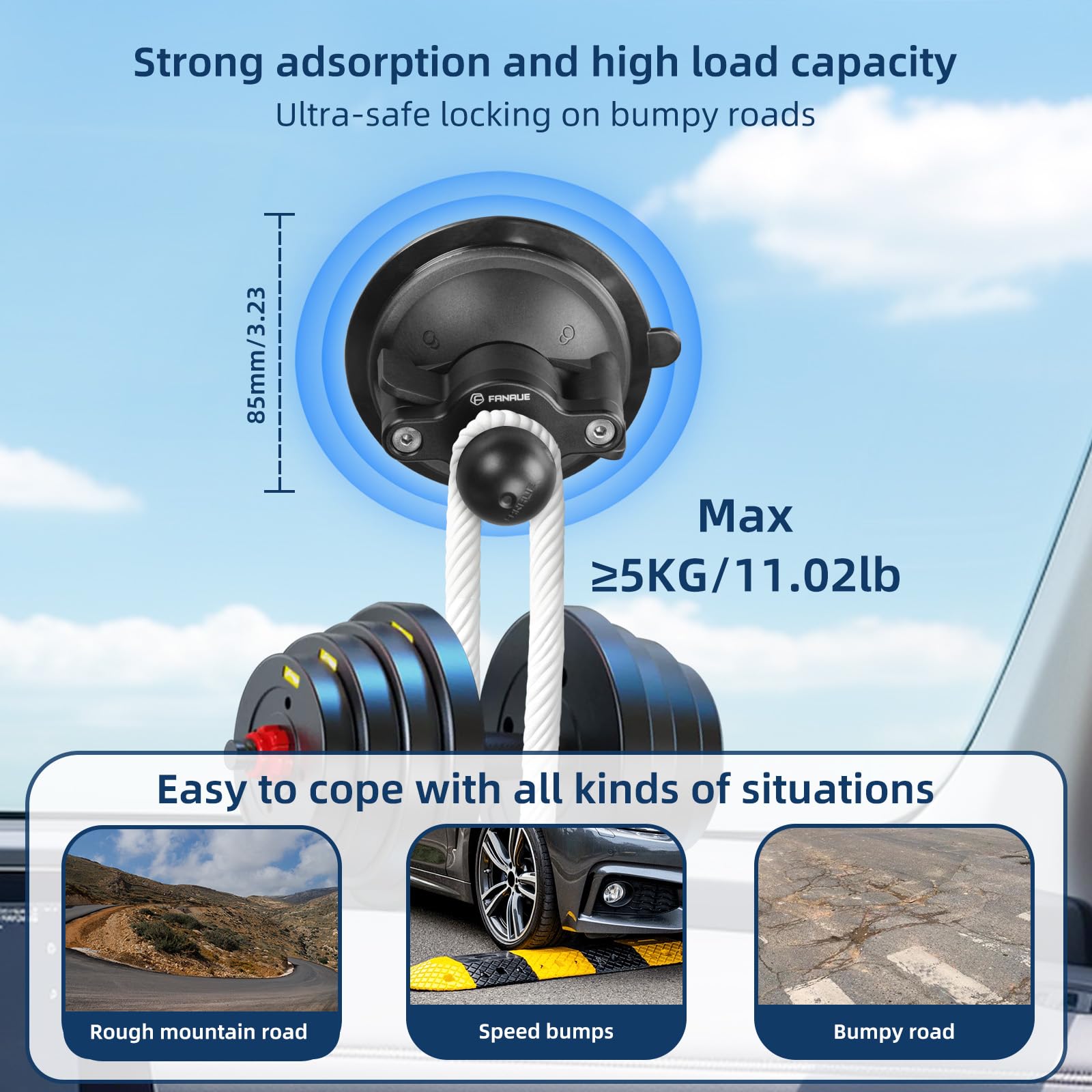FANAUE Ventouse de Voiture avec Adaptateur de Boule d'un Pouce Compatible avec Les Bras à Double Prise RAM MOUNTS, pour Montage sur Le Pare-Brise de la Voiture.