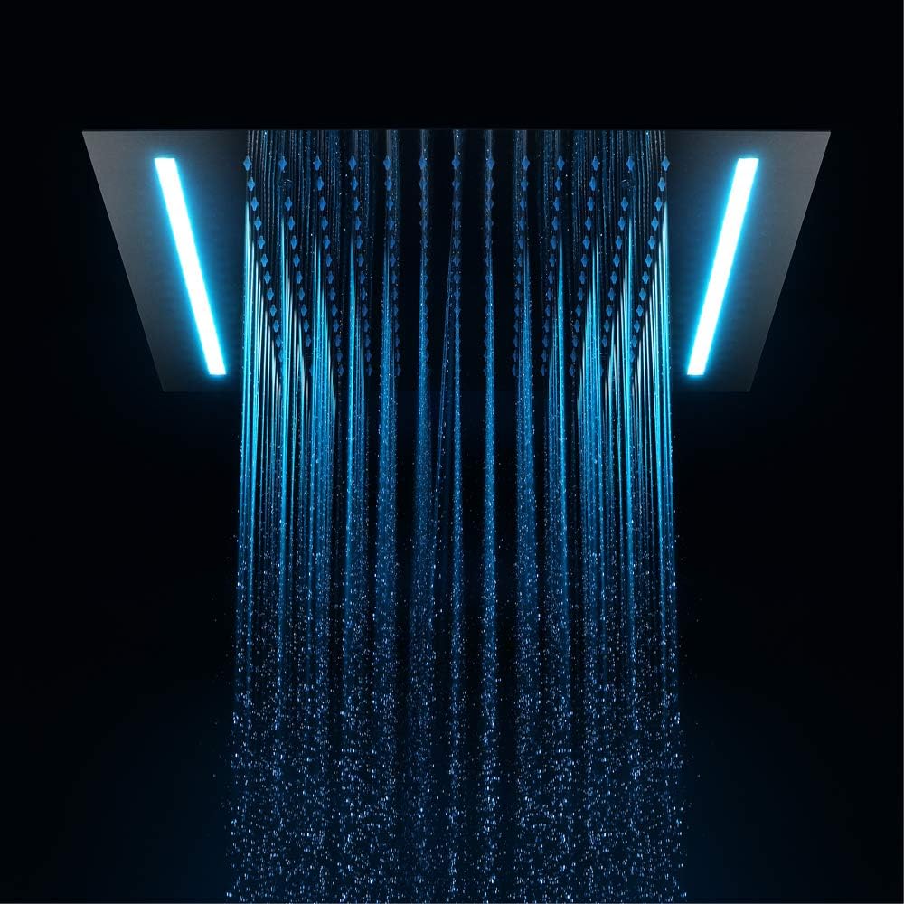 The shower head delivering a rainfall stream with blue LED lighting.