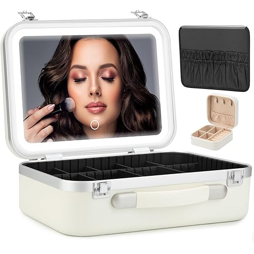 S&N Remille Travel Makeup Case with LED Light Mirror, Portable Waterproof Makeup Bag with 3 Adjustable Color Brightness Professional Cosmetic Train Case Organizer with Adjustable Dividers (White)