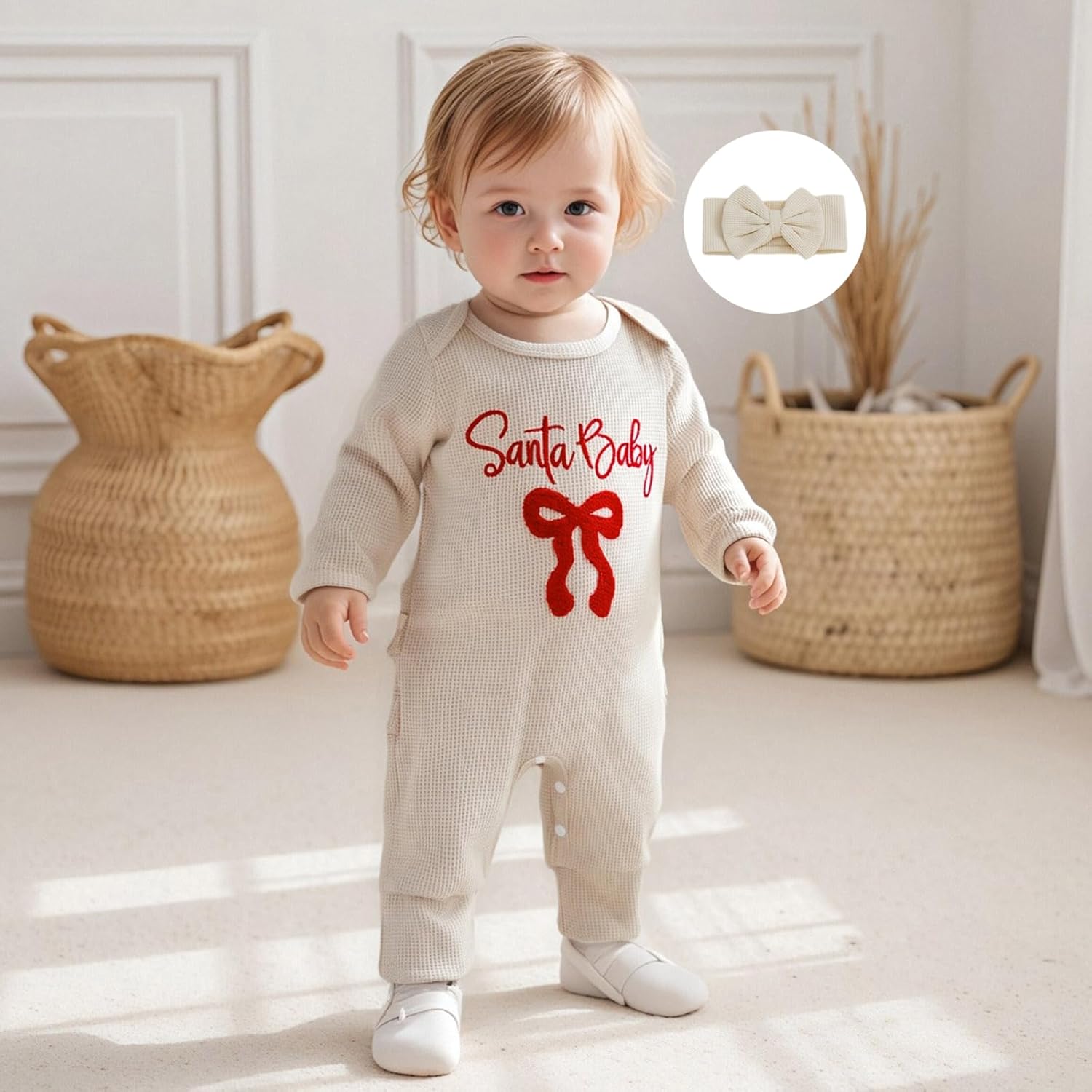 My First Christmas Baby Girl Outfit Newborn Santa Romper Waffled Jumpsuit Cute One Piece Onesie Infant Xmas Clothes - Image 2