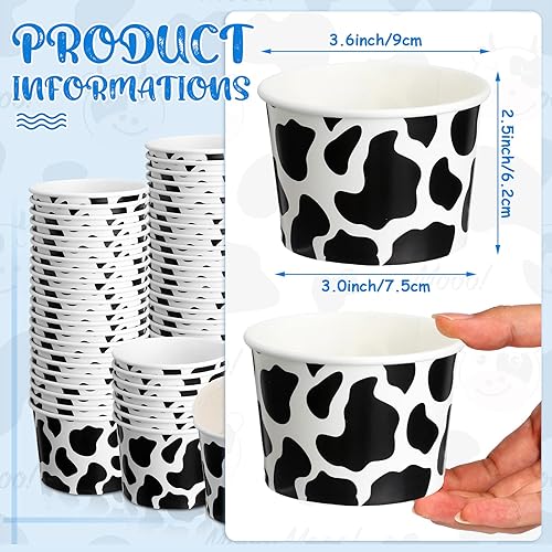 Miniatura 3 de 50 tazas de helado de vaca de 9 onzas, cuencos desechables de papel a granel, tazas de sopa con estampado de vaca, recipientes de papel para