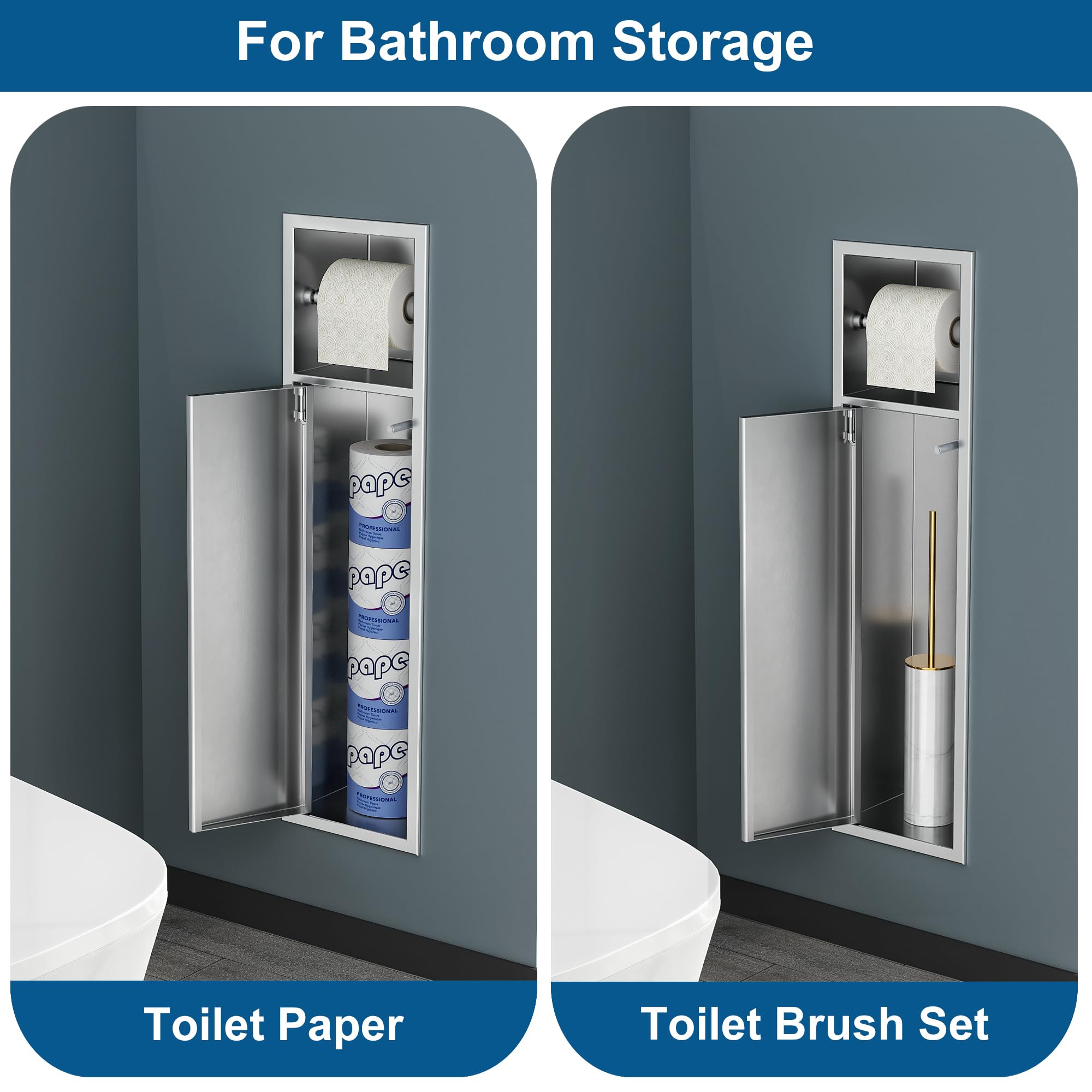 Neodrain Unterputz-Toilettenpapierhalter Edelstahl 304, 63 x 15 x 15 cm | Badezimmerschrank für Klobürstengarnitur, Papieraufbewahrung, Push to Open