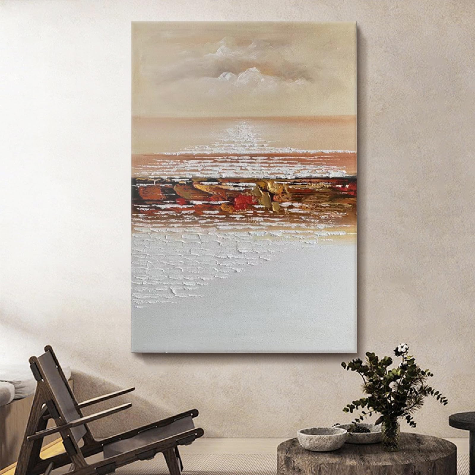 Peinture à l'huile vagues de plage abstraite faite main pour salon chic
