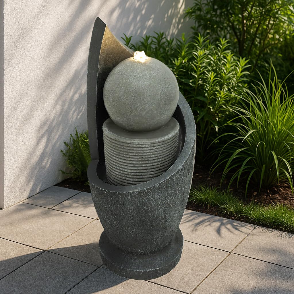 Fontaine de Jardin Cascade Électrique Extérieure Polyresine Gris 4 Lumières LED Blanc Chaud Pompe à Brancher Câble de 7 m Statue Droit Décor Maison Terrasse Zen Cascade [Brosse de Nettoyage INCLUS]