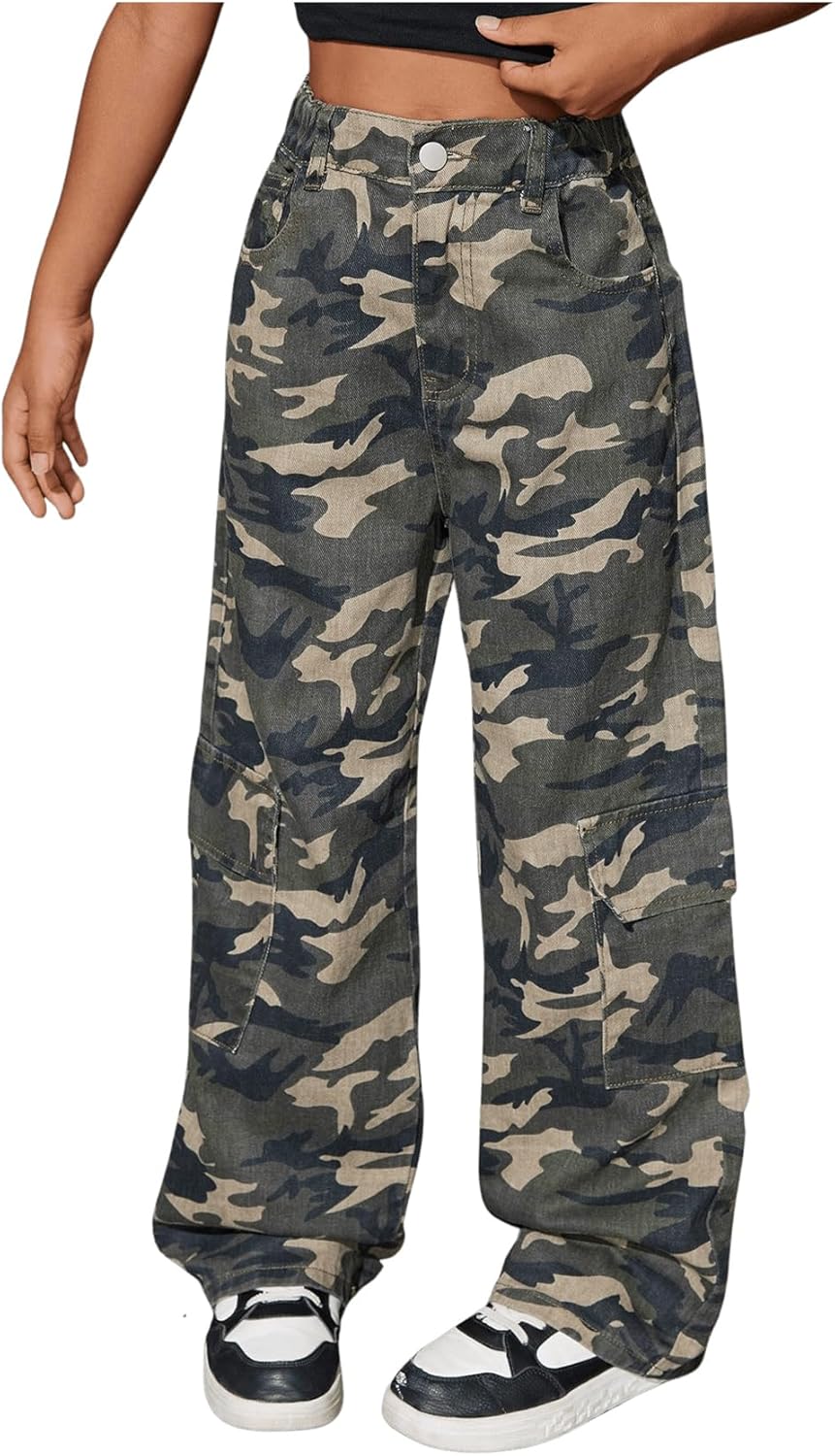 WDIRARA Girl's Y2K High Waisted Wide Leg Camo Jeans Elastic Baggy Denim Pants with Pockets