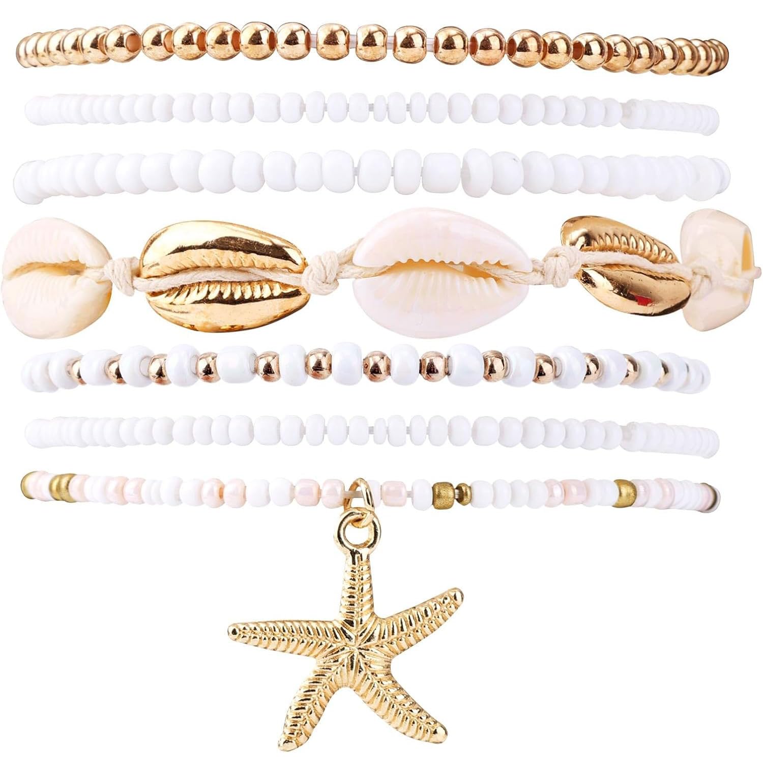 Beach Bracelets for Women, Bohemian Stackable Bracelet Set Elastic Seashell Starfish Boho Friendship Bracelets for Summer Beach Party Holiday Vacation Jewelry