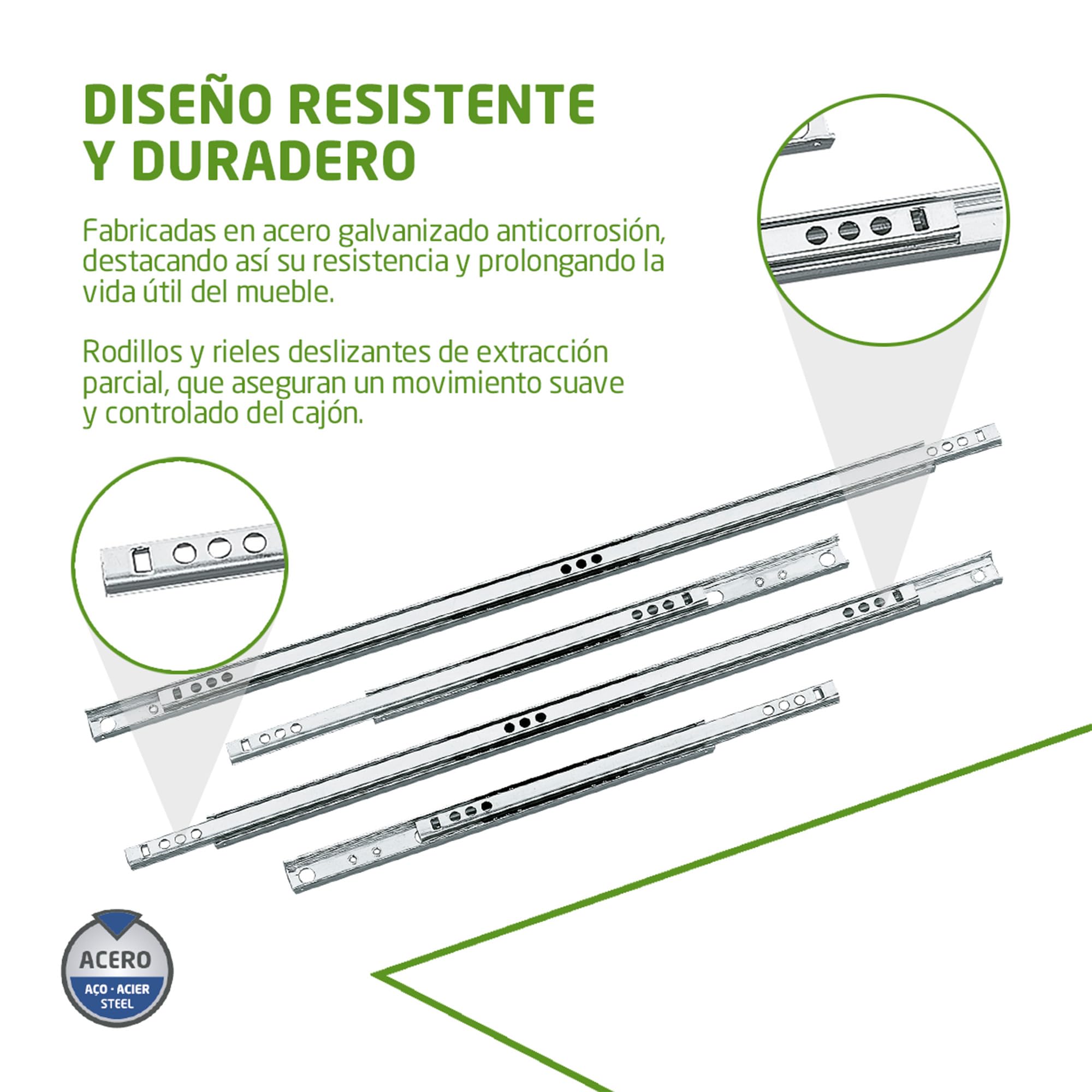 Amig - Juego de 2 Guías Correderas Metálicas - Acero Galvanizado - Para Cajones de Muebles - Extracción Parcial - Resistencia de carga: 15 Kg/Par - Plateado - Medidas: 310 x 17 mm