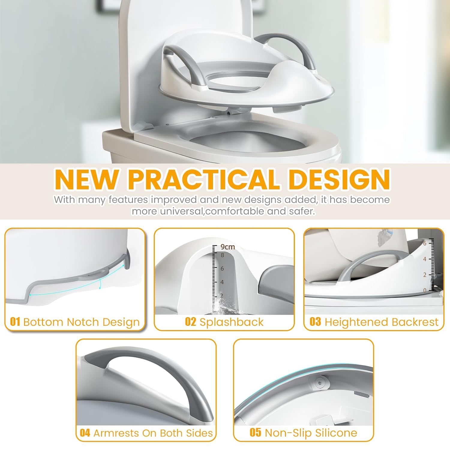 Orzbow Potty Training Toilet Seat for Boys and Girls with Handles & Detachable Soft Cushion, Kids Travel Potty Seat with Anti-Slip Design & Splash Guard, Includes Free Storage Hook,Toilet Brush, Grey