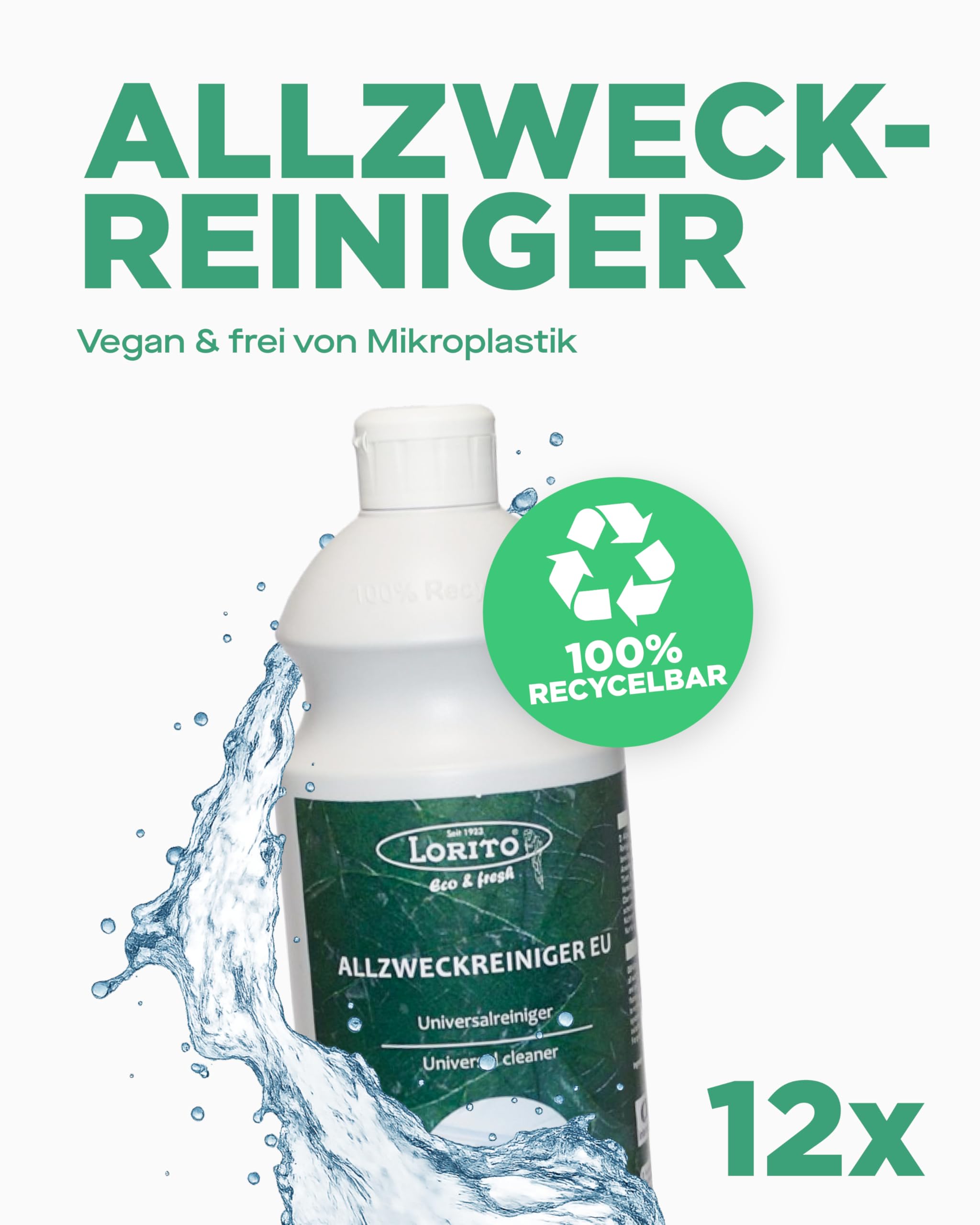 Lorito Allzweckreiniger Konzentrat 12 x 1L | Allesreiniger zertifiziert mit dem EU-Ecolabel, Reinigungsmittel für Edelstahl, Fliesen, Laminat und PVC, Made in Germany