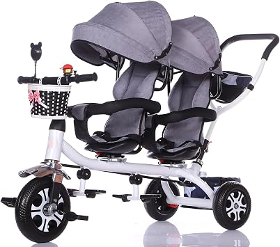 Kids Tricycle Toddler Double Seat Tricycle, Push Handle & Removable Canopy Tricycle, Safety Harness, Basket, Perfect for 2 Kids Ages 1-7 and Up with 1 Year Old Gift