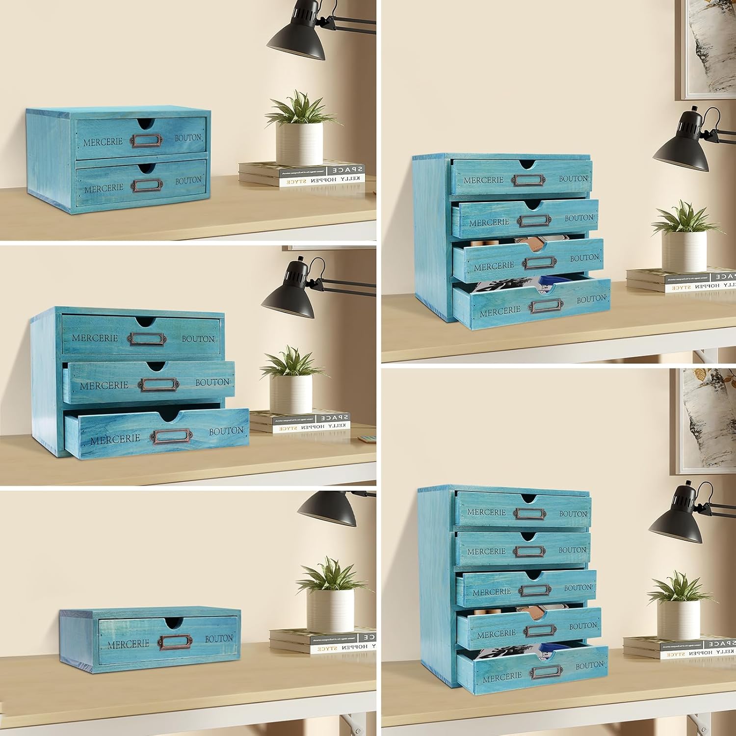 Desk Organizer with Drawers, 5Pcs Wooden Apothecary Cabinet Desktop Storage Cabinet with Label Boxes, Makeup Organizer Filing Case for Office Bedroom Home, L8*W6*H1.5in Drawers, Blue