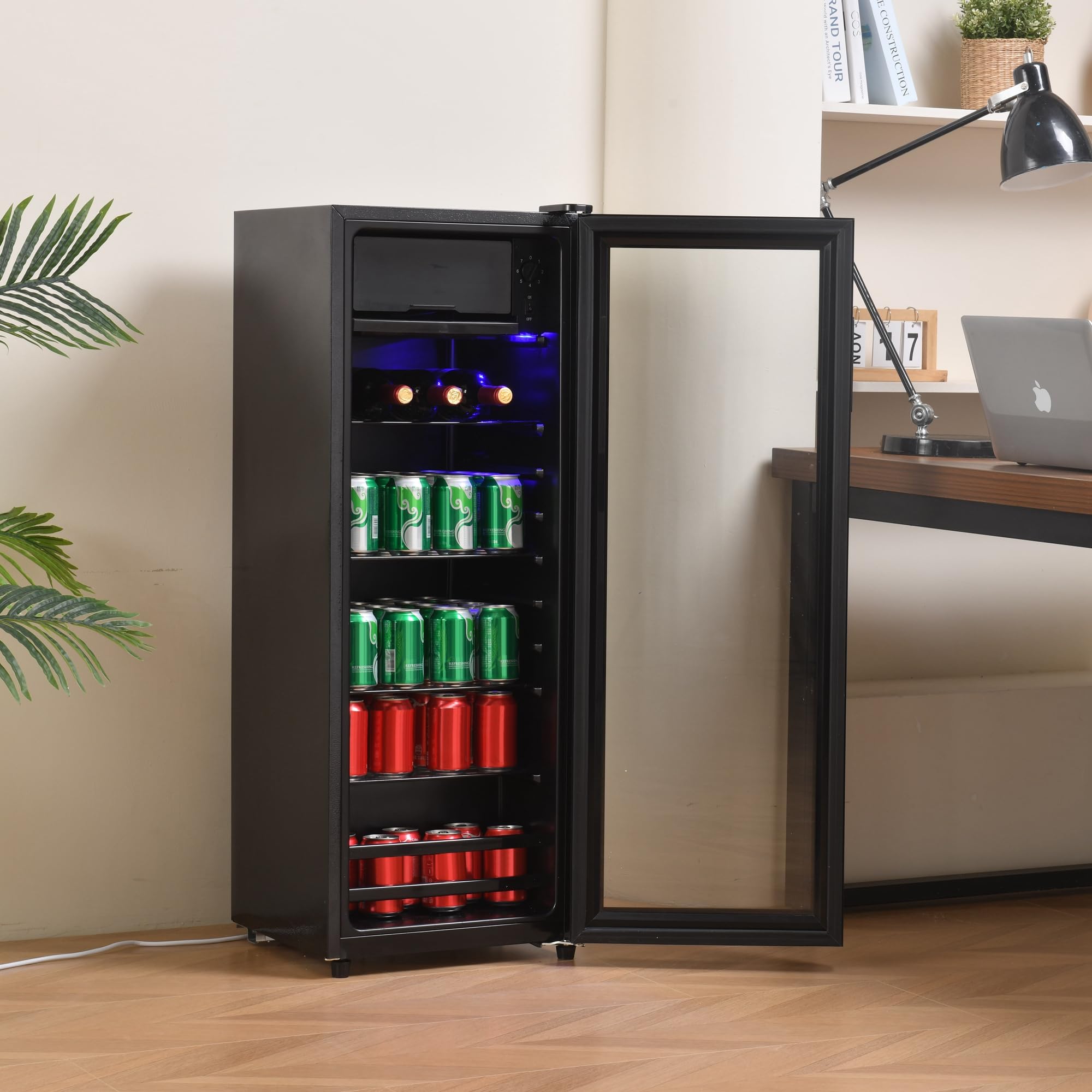 Gegtuon Frigorifero 128L, Frigo con Illuminazione a LED e Divisorio per Ripiani, Professional Frigo Bar Refrigerata con Congelatori e Porta in Vetro per Ufficio Casa Cucina, Classe E, 220-240V, Nero