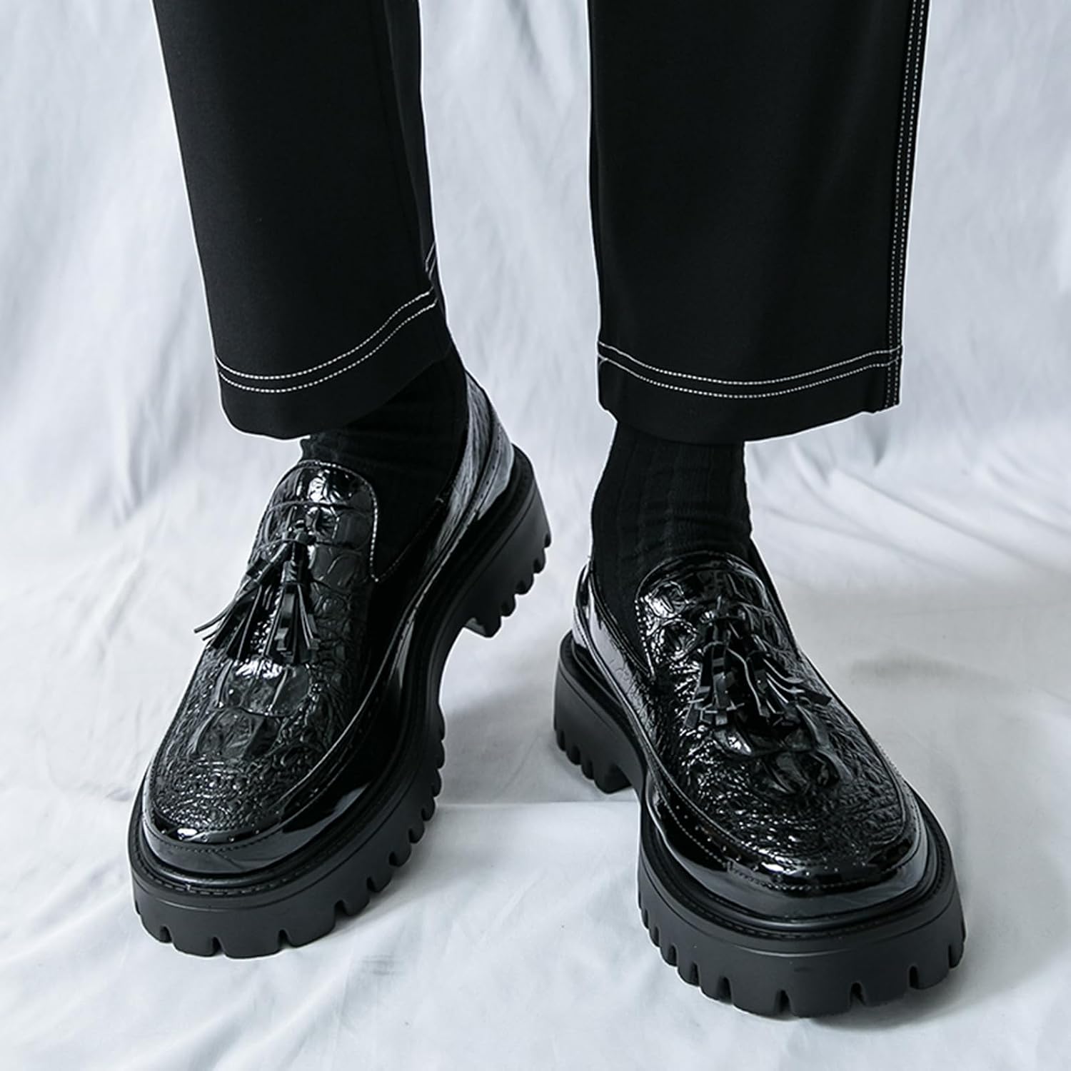 Men's Fashion Tassel Chunky Platform Penny Dress Loafers Luxury Round Toe Slip-On Non-Slip Lug Sole Business Formal Shoes for Daily Work and Casual