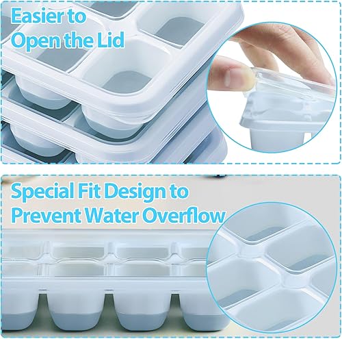 Miniatura 4 de DOQAUS Paquete de 4 bandejas para cubitos de hielo, de silicona de fácil liberación y flexibles, 14 bandejas para cubitos de hielo con tapa