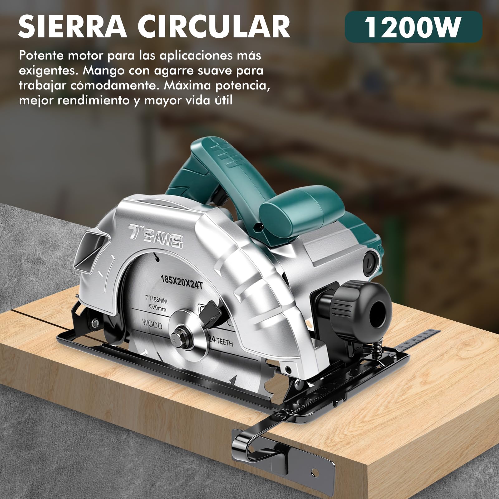 Sierra circular de mano de 1200 W, con riel guía, 5200 RPM Electric Circular Saw Profundidad de corte 60 mm (90°), 45 mm (45°), ajuste de profundidad/ángulo con 3 hojas de sierra circular de 185 mm