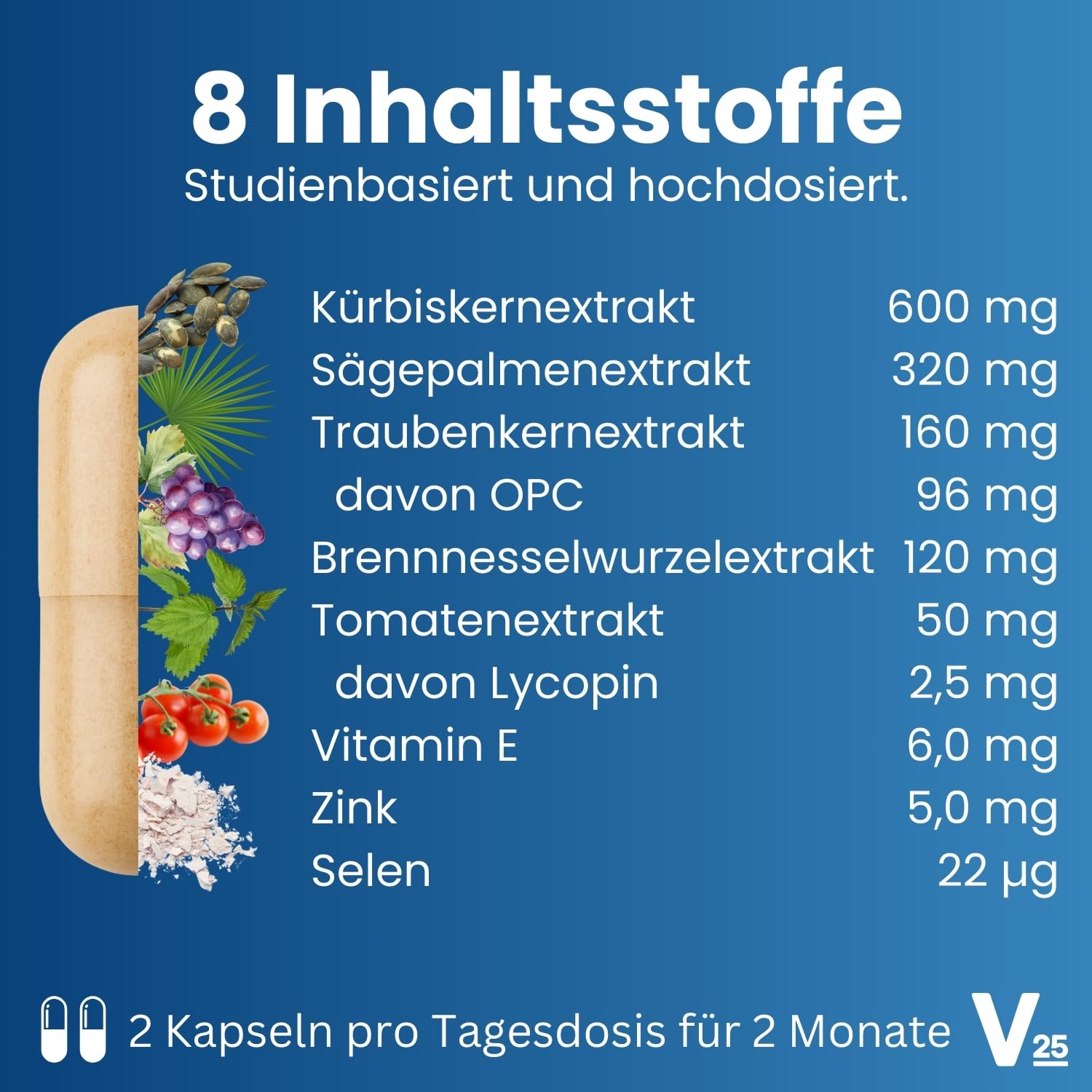 Prosta Komplex Kapseln mit Sägepalmenextrakt, Kürbiskern, Brennnessel, OPC, Lycopin, Vitamin E, Zink, Selen - hochdosiert & vegan - im Braunglas - 120 Kapseln für 2 Monate