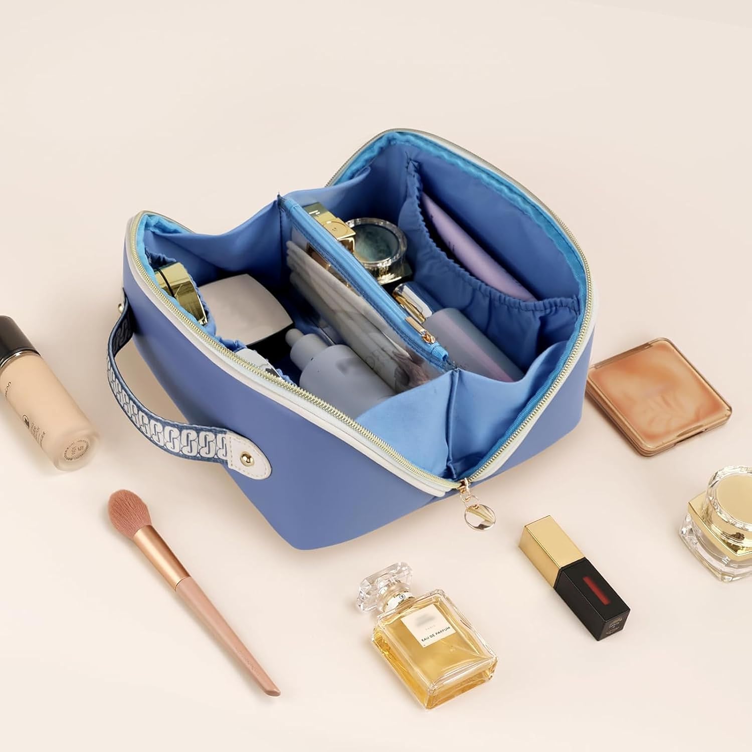 Prite Makeup Bag for Women Travel Waterproof Vegan Leather Cosmetic Bag Open Flat Toiletry Bag With Clear Divider and Handle (Blue) - Image 9