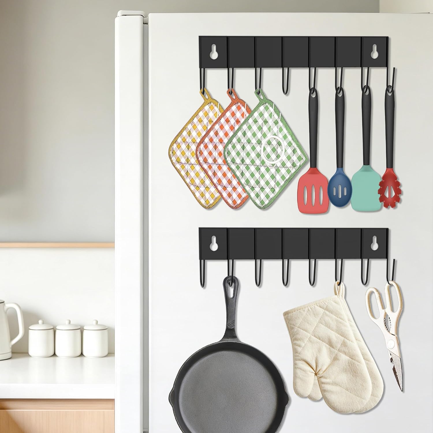 Magnetic Key Holder with 8 Hooks for Fridge Key Hanger Organizer for Wall Mount with 8 Self-Adhesive Sticker No Drilling Required Metal Key Rack for Door, Bathroom, Kitchen,Garage (4, Black)