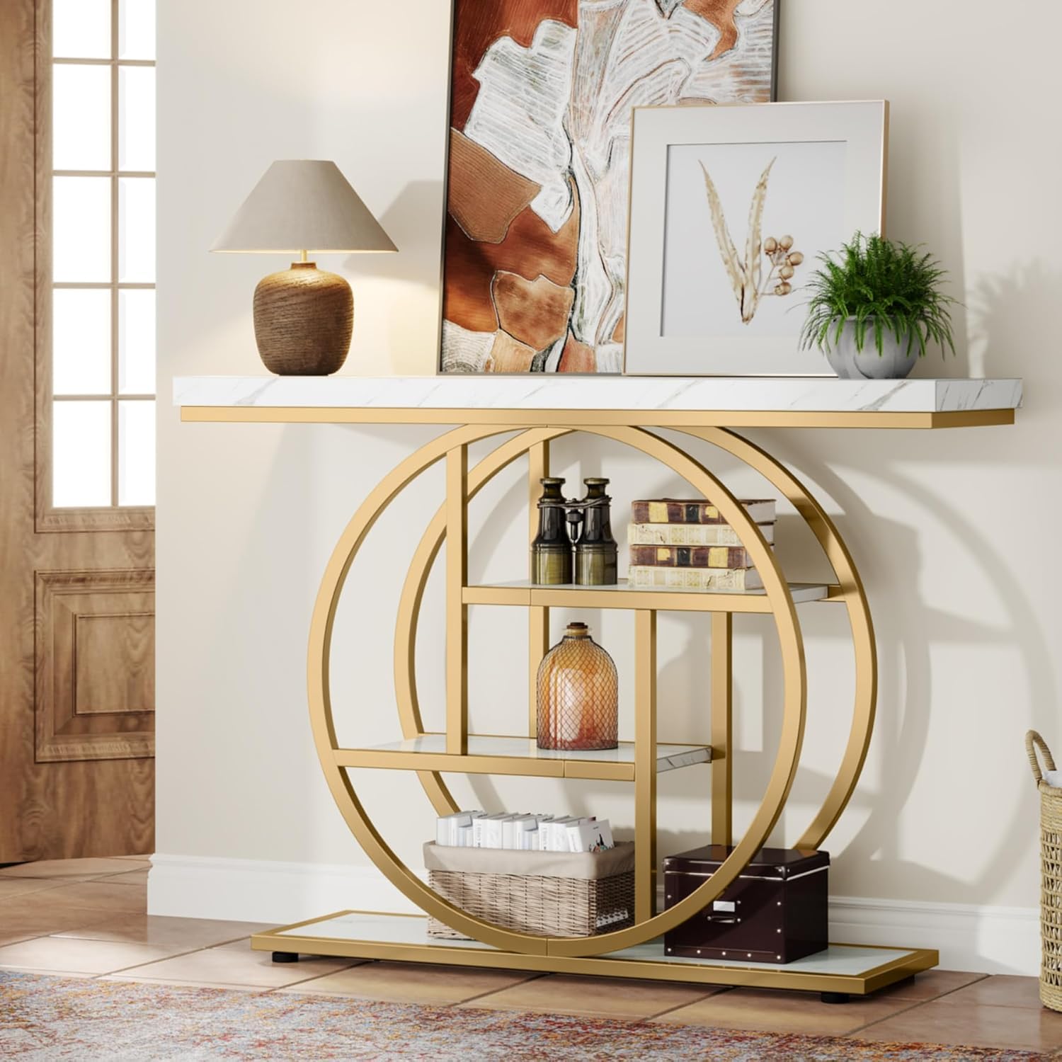 Priti 41.3" Console Table, Industrial 4-Tier Sofa Table Entryway Table with Circle Base, Narrow Wood Accent Tables with Storage Shelves for Living Room, Hallway, Foyer, White Gold-image-49