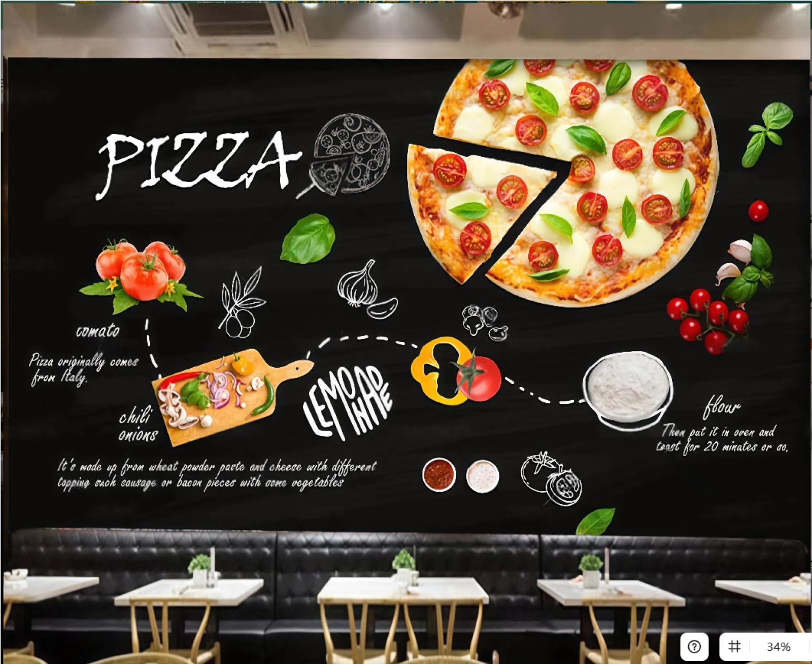 XDOUBAO Wallpaper Black Hand-Painted Steak Pizza Shop Food Theme Shopping Mall Afternoon Tea Western Restaurant Background Wall Wallpaper Coffee Shop Mural,3D,300x210cm