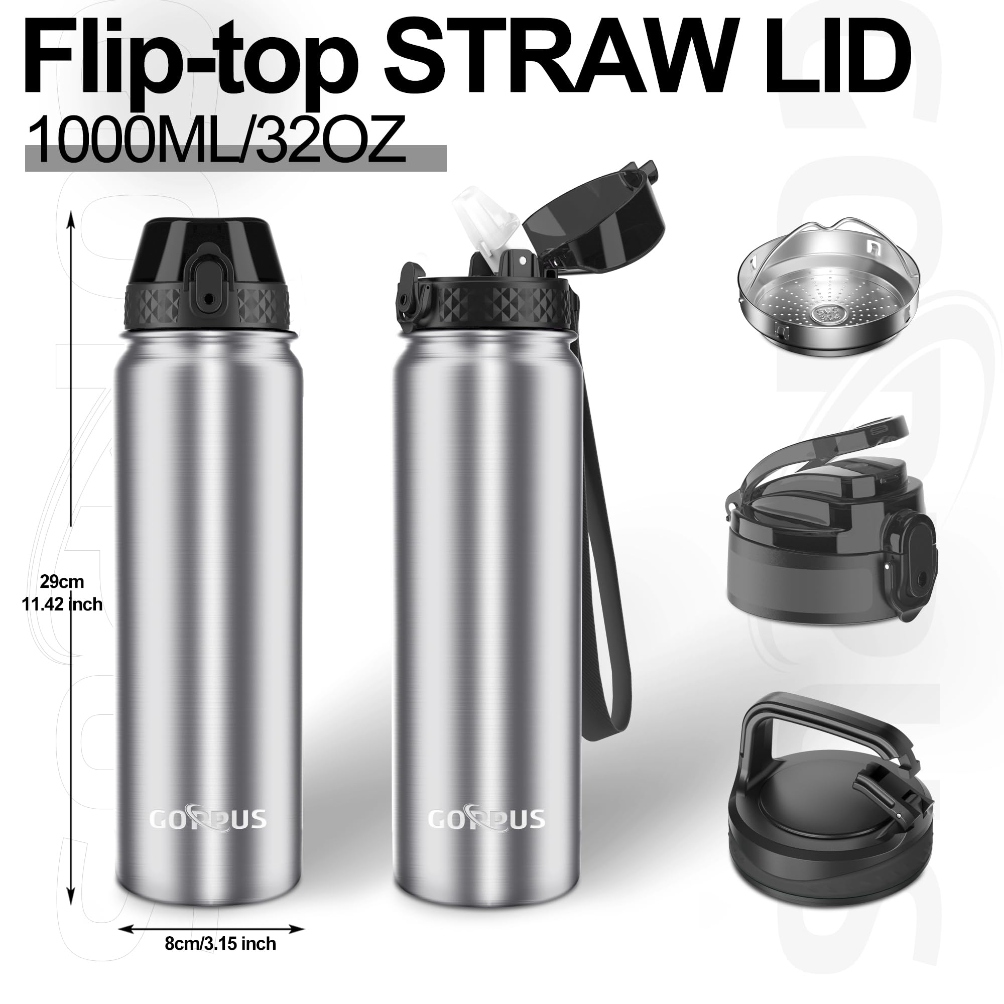 GOPPUS 1L/32oz Stainless Water Bottle with Straw Double Wall Insulated Bottles with Strap Reusable Vacuum Thermal Flask Leakproof Keep Cold Drinks Bottles with Flip Top Lid for Gym Men Women BPA Free - Image 4