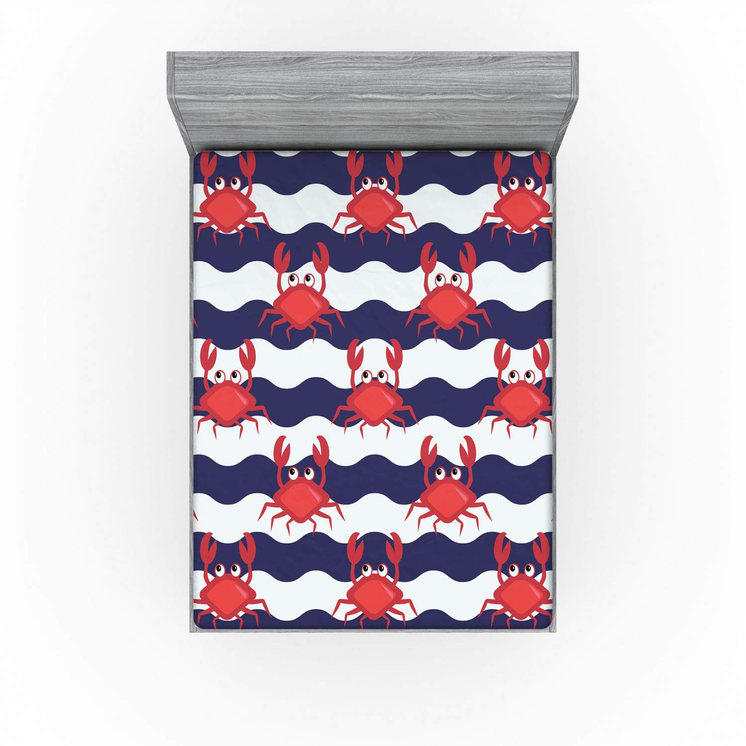 Ambesonne Crabs Fitted Sheet, Nautical Maritime Theme Crabs on Striped Background Illustration Print, Soft Decorative Fabric Bedding All-Round Elastic Pocket, Queen Size, Red Indigo