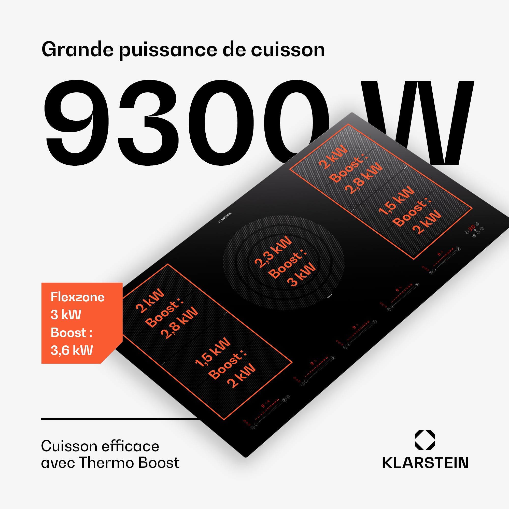 Klarstein Plaque Induction en Céramique de 9600W, Plaque de Cuisson Electrique à Induction, 5 Feux, Tables de Cuisson, Plaques chauffantes Flex Zone, Rechaud Electrique Cuisine