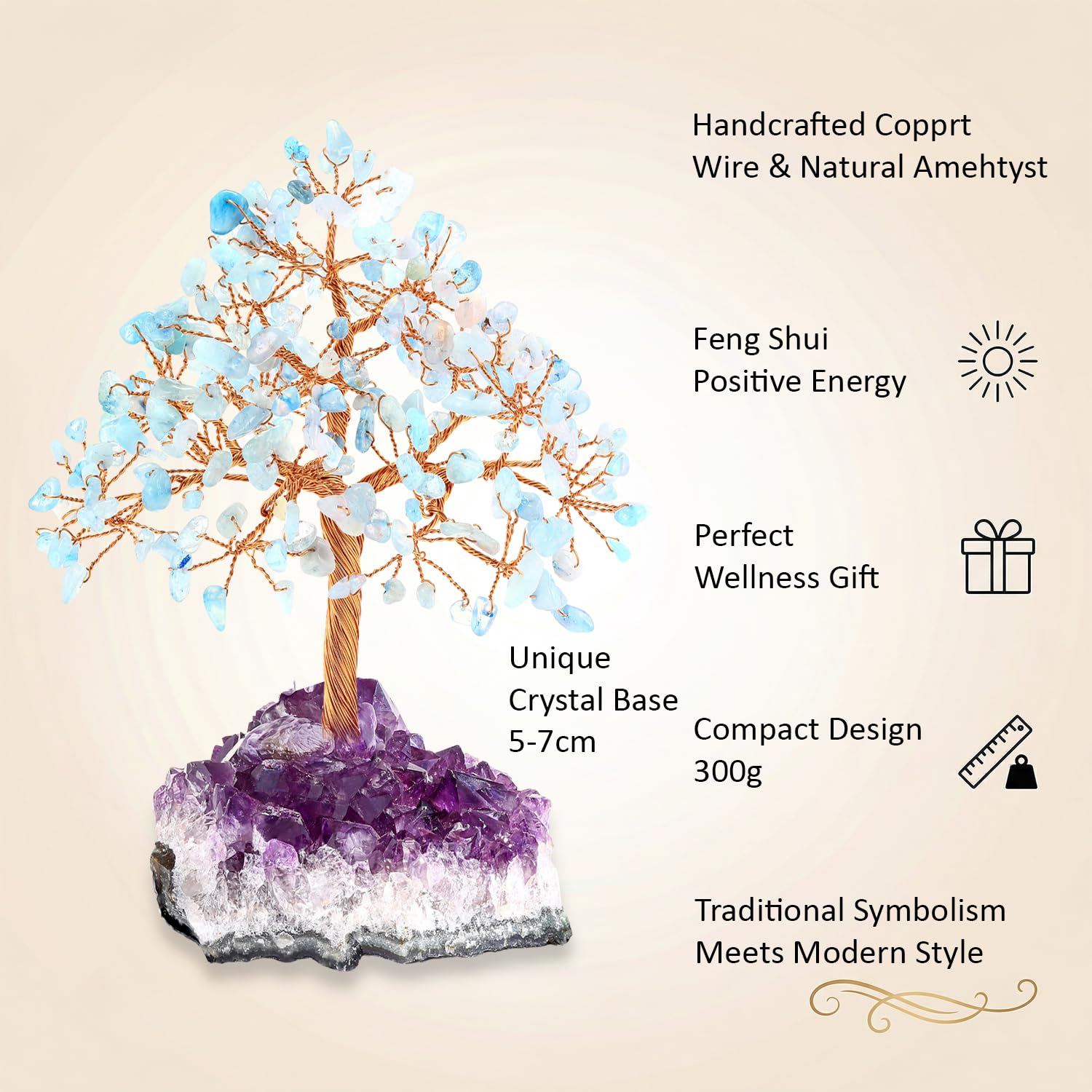 Arbre de Vie en Cristal d'Améthyste, Décoration Zen de Bureau, Art Énergétique, Accessoire Spirituel, Pierre Naturelle Violette (Aigue-Marine)