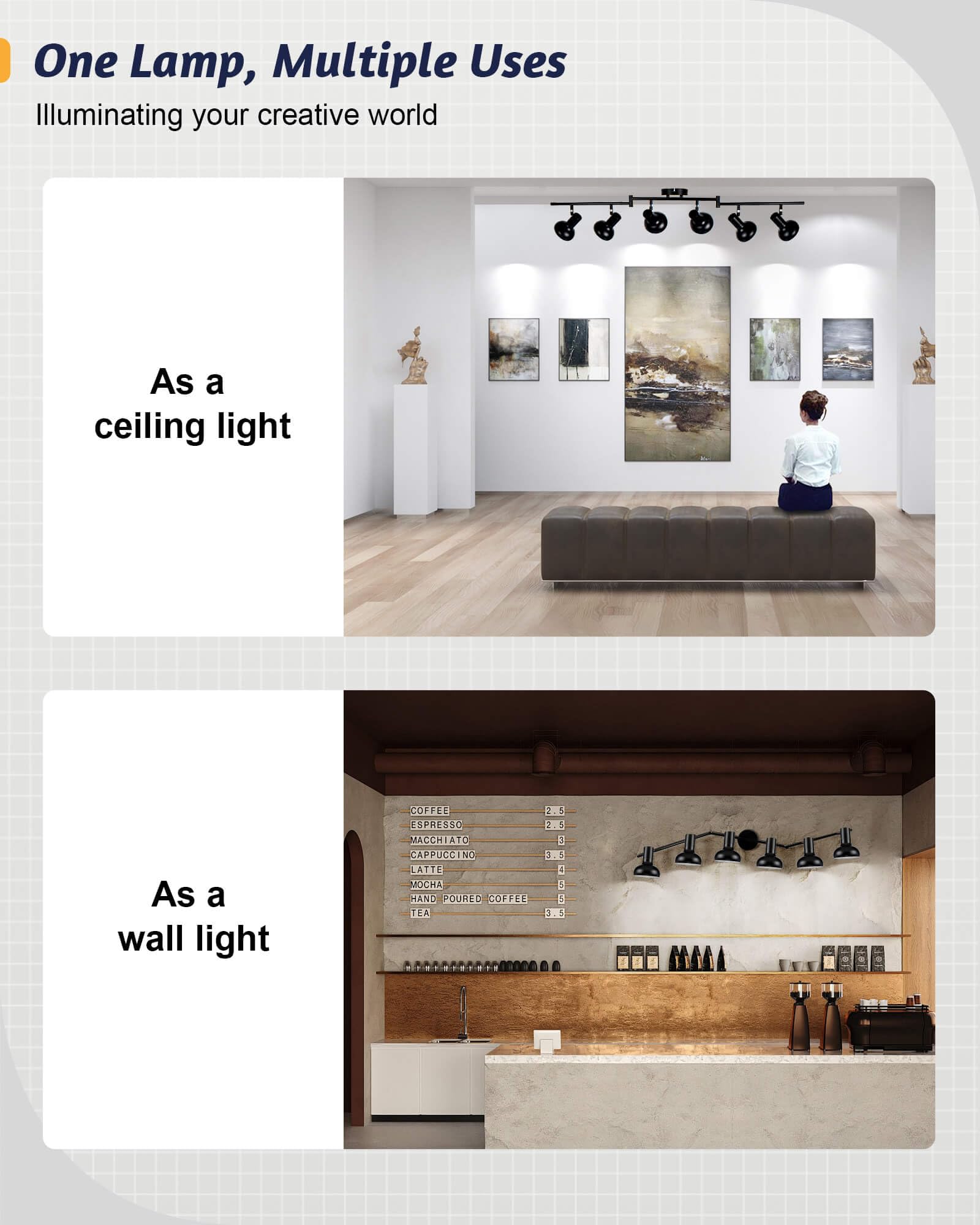 Iluminación de pista de 6 luces, lámpara de techo giratoria direccional, foco negro de granja para cocina, sala de estar, oficina, base E12 (bombillas no incluidas) 4