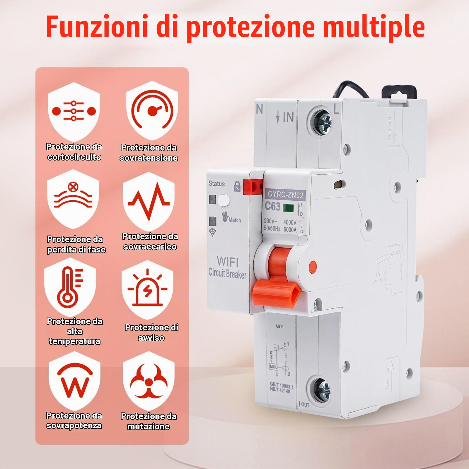 Jadeshay Salvavita con Riarmo Automatico 1P 63A 230V Interruttore Magnetotermico Automatico Timer Relè con Protezione Sovratensione Sottotensione e Sovraccarico,Controllo Remoto Tramite Tuya APP WiFi