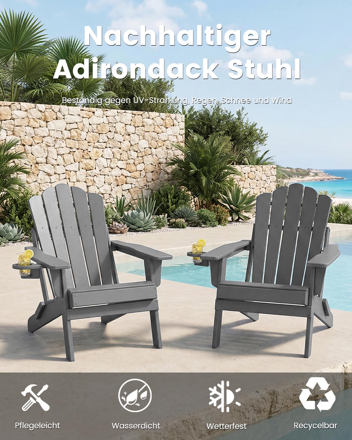 Klappbarer Adirondack Chair mit Breiten Armlehnen, Terrassenstuhl aus HDPE, Wetterfester Balkonstuhl & Relaxstuhl, Grau Matt