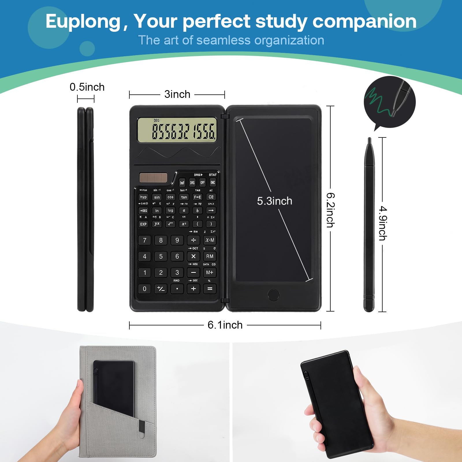 Calculatrices scientifiques pour étudiants, grand écran à 10 chiffres/calculatrice de mathématiques avec bloc-notes pour collège lycée et collège (noir)