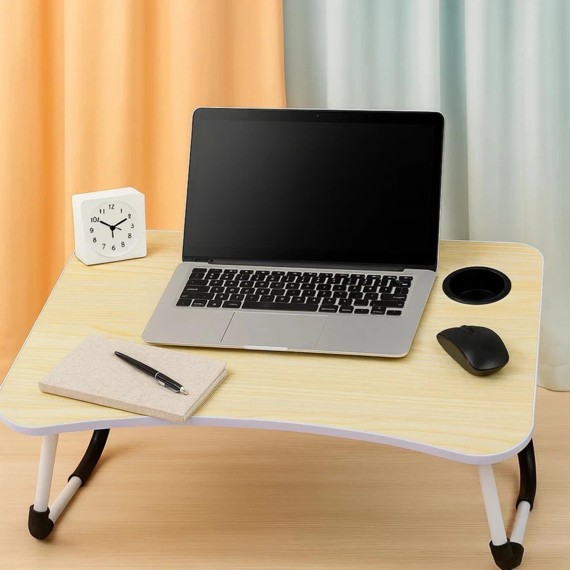 Laptop Bed Table with Cup Holder – Folding Lap Desk for Sofa, Breakfast Tray & Notebook Stand (60x40x26cm) (Light Wood)