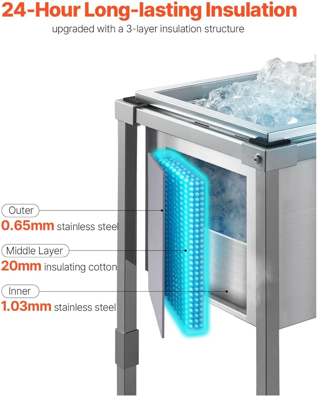 Rolling Ice Chest Cooler Cart, 32.8 Quart Stainless Steel Outdoor Cooler Trolley, 22x16x38 Inch Portable Stand Up Cooling Bin on Wheels with Shelf for Patio, Party