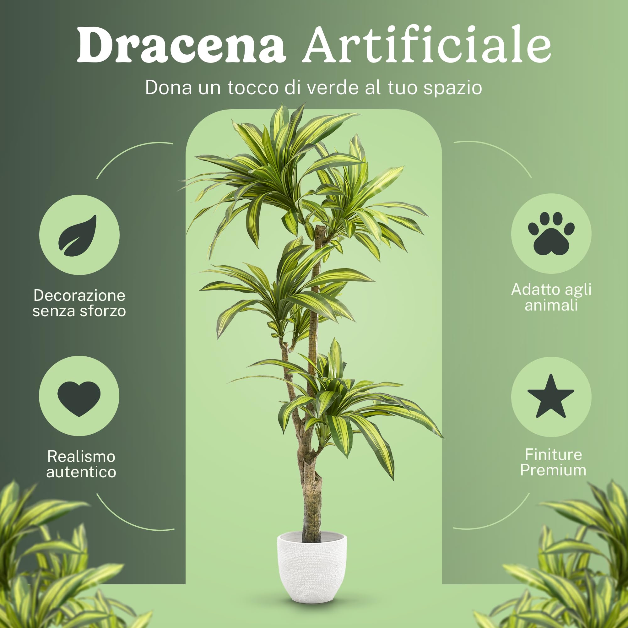 MAIA SHOP Dracaena artificiale 120 cm, pianta finta decorativa iperrealistica, albero tropicale per casa ufficio hotel e interni coperti