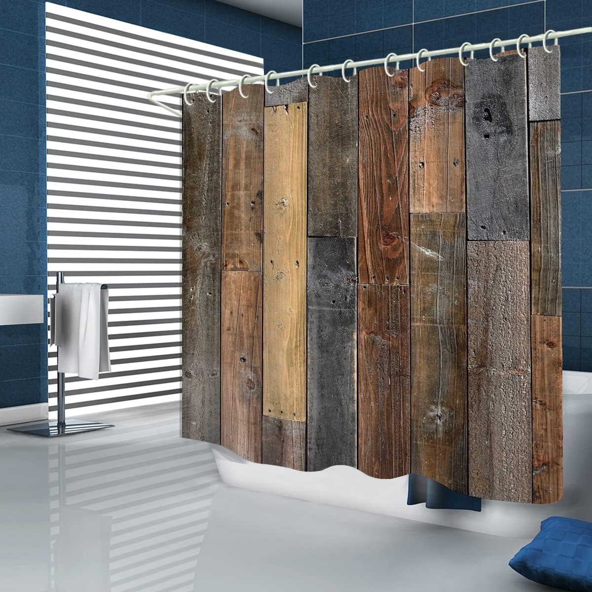 LYFANS Waterproof Polyester Fabric Shower Curtains, Large Width Bright Partition Curtain, Vintage Country Wood Grain, Shower Curtain Lining, 12 White Hooks (72 x 72 inches)
