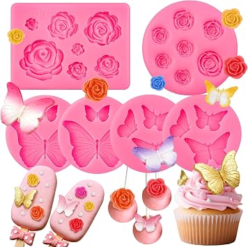 6 Pcs Rose Silicone Mold, Rose Mold Silicone Butterfly Chocolate Molds for Fondant Candy Cake Decoration Cupcake Topper Dessert Decor Gum Paste Polymer Clay