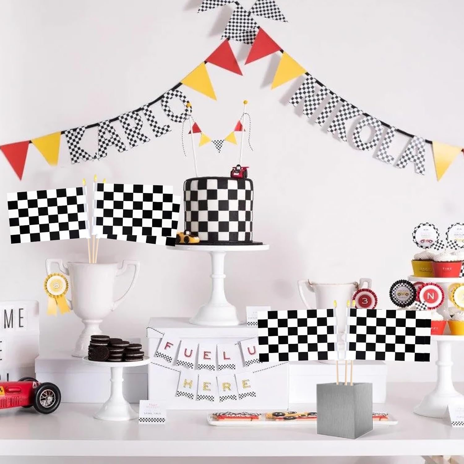 Pack of 20, Handheld Racing Checkered Flags 5x8 Inch – Small Black and White Flags on Wooden Sticks with Gold Spear Top, Mini Finish Line Flag for Racing Theme Party, Sports Events, and Decorations image 4
