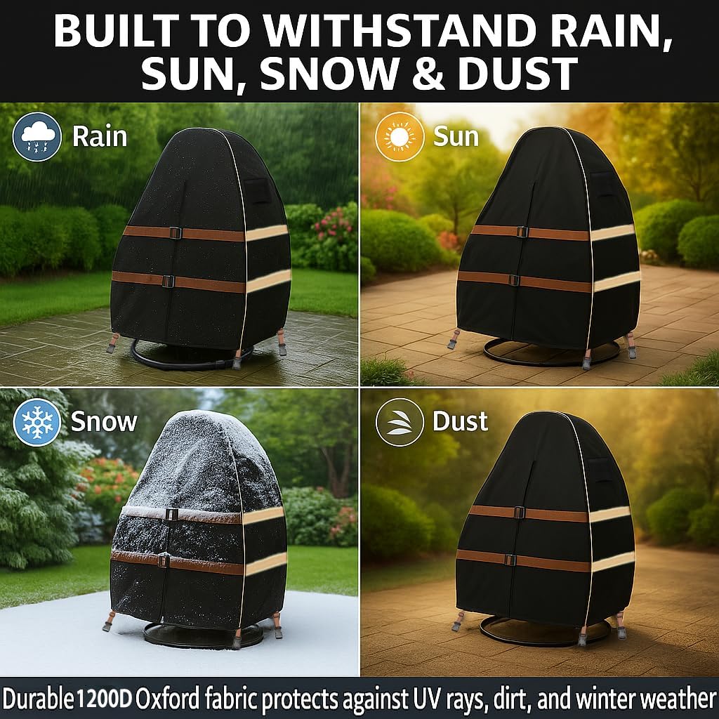 Outdoor Egg Chair Cover Waterproof – Single Seat Hanging Egg Chair Cover with Zipper ， 1200D Heavy Duty Covers for Patio Wicker Swing Chairs, 45"Lx38"Wx68"H