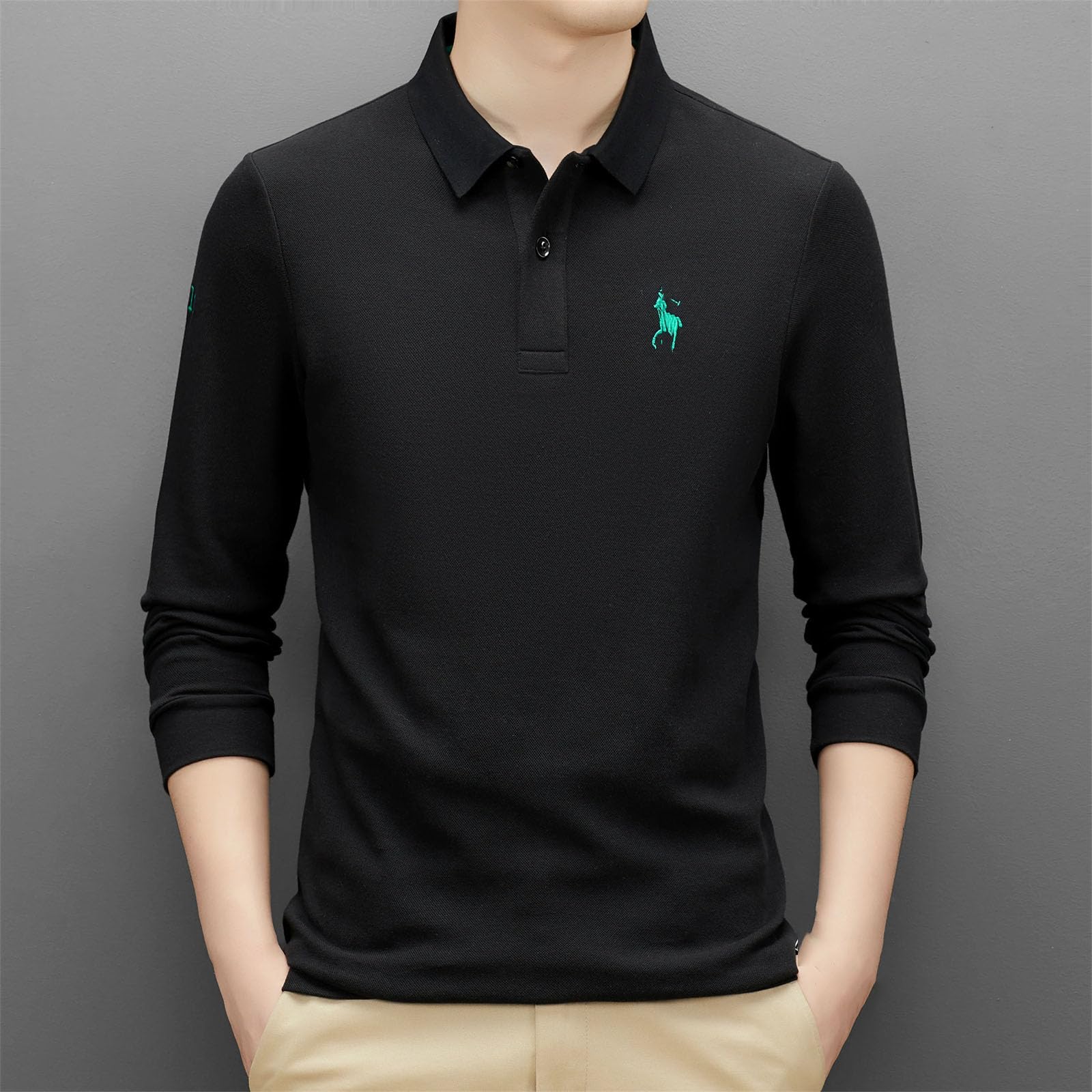 Herren-Poloshirt aus reiner Baumwolle, langärmelig, exquisite Stickerei, Golf, bequem, lässiges T-Shirt