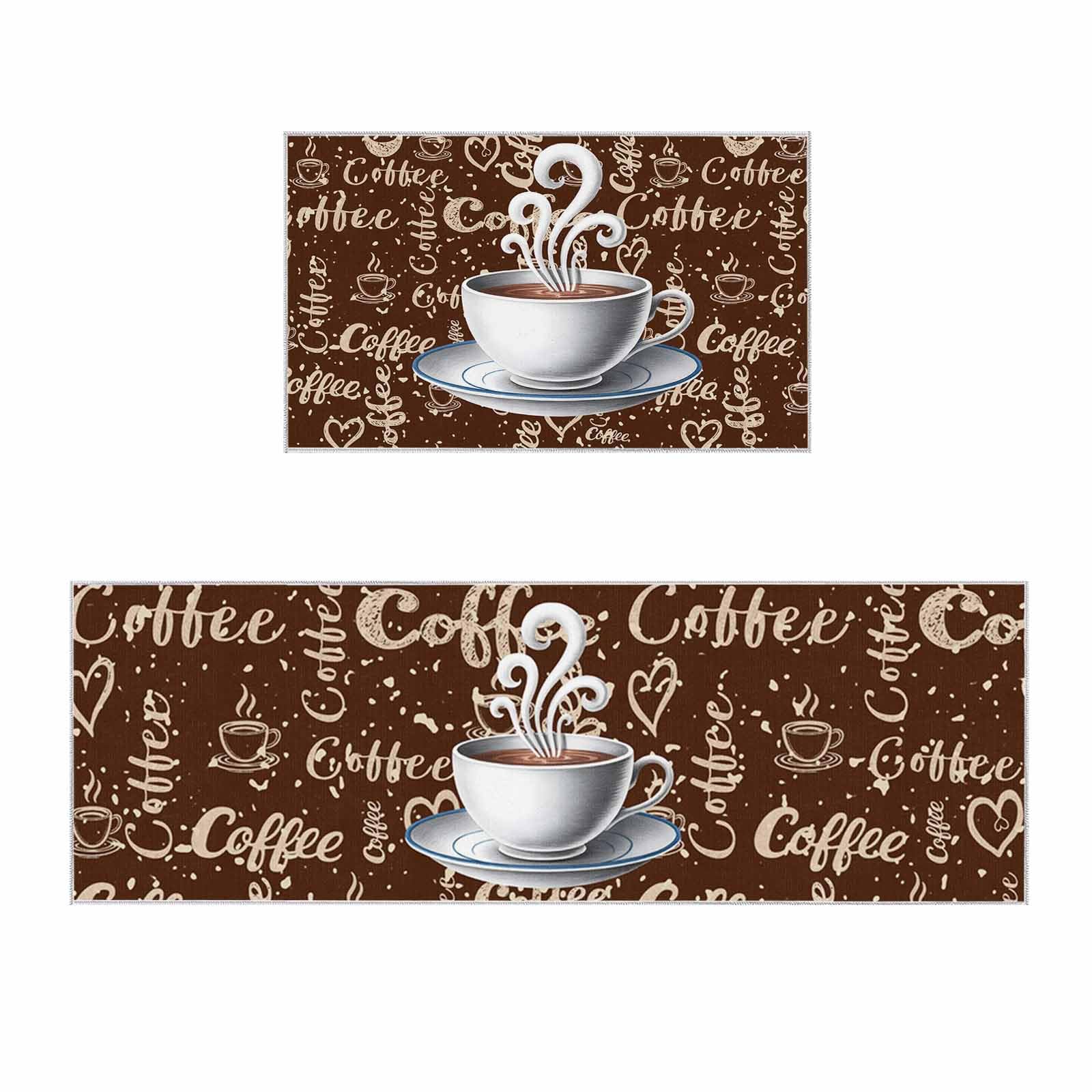 Kitchen Mat 2PCS Coffee Themed White Coffee Cup Beans A Cup of Coffee Kitchen Rugs Kitchen Organization, Anti-Fatigue Kitchen Floor Mats Non-Slip