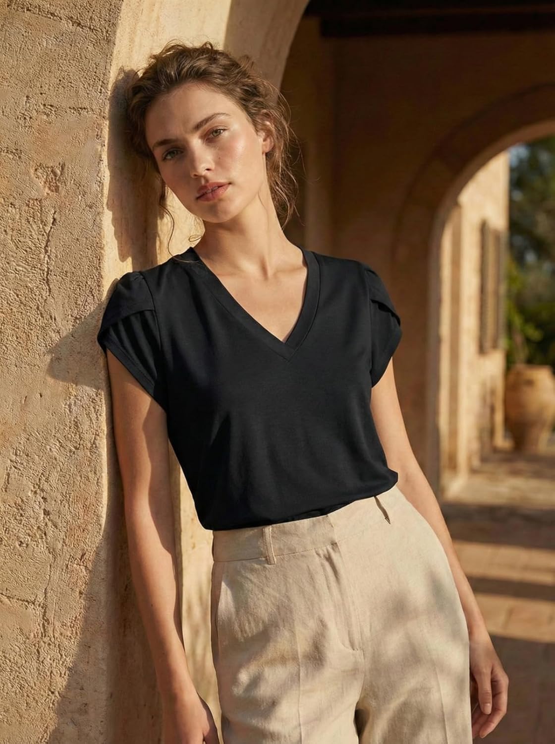 V Neck Blouses for Women Petal Sleeve Summer Tops Capsule Wardrobe Essentials Dressy Casual Shirt - Image 2