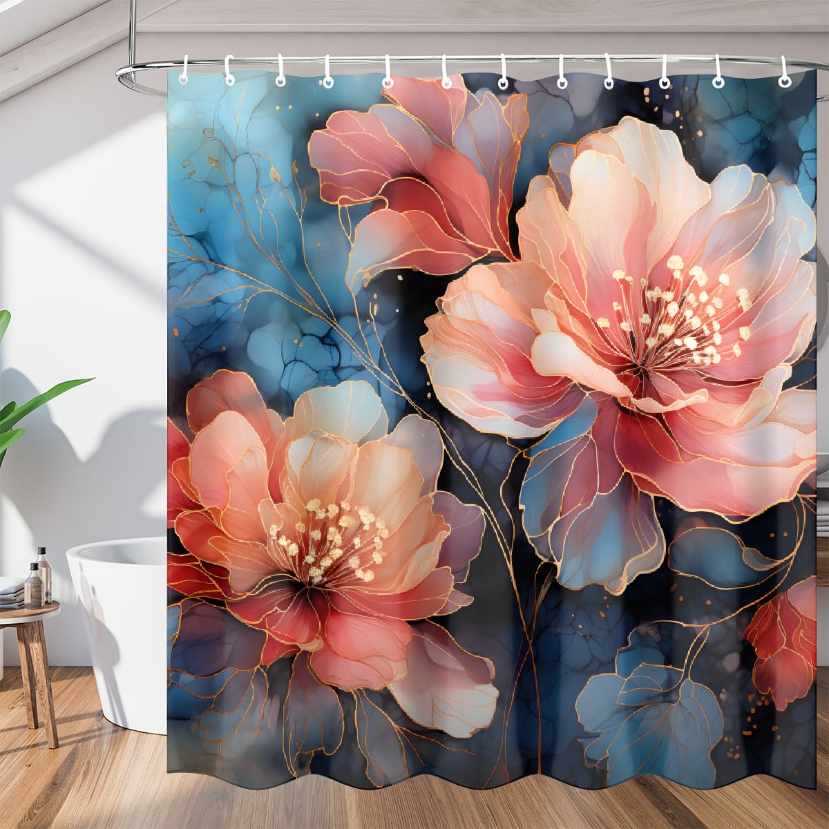 Rideau de douche polyester à fleurs rouges Mexpekil pour une salle de bain zen