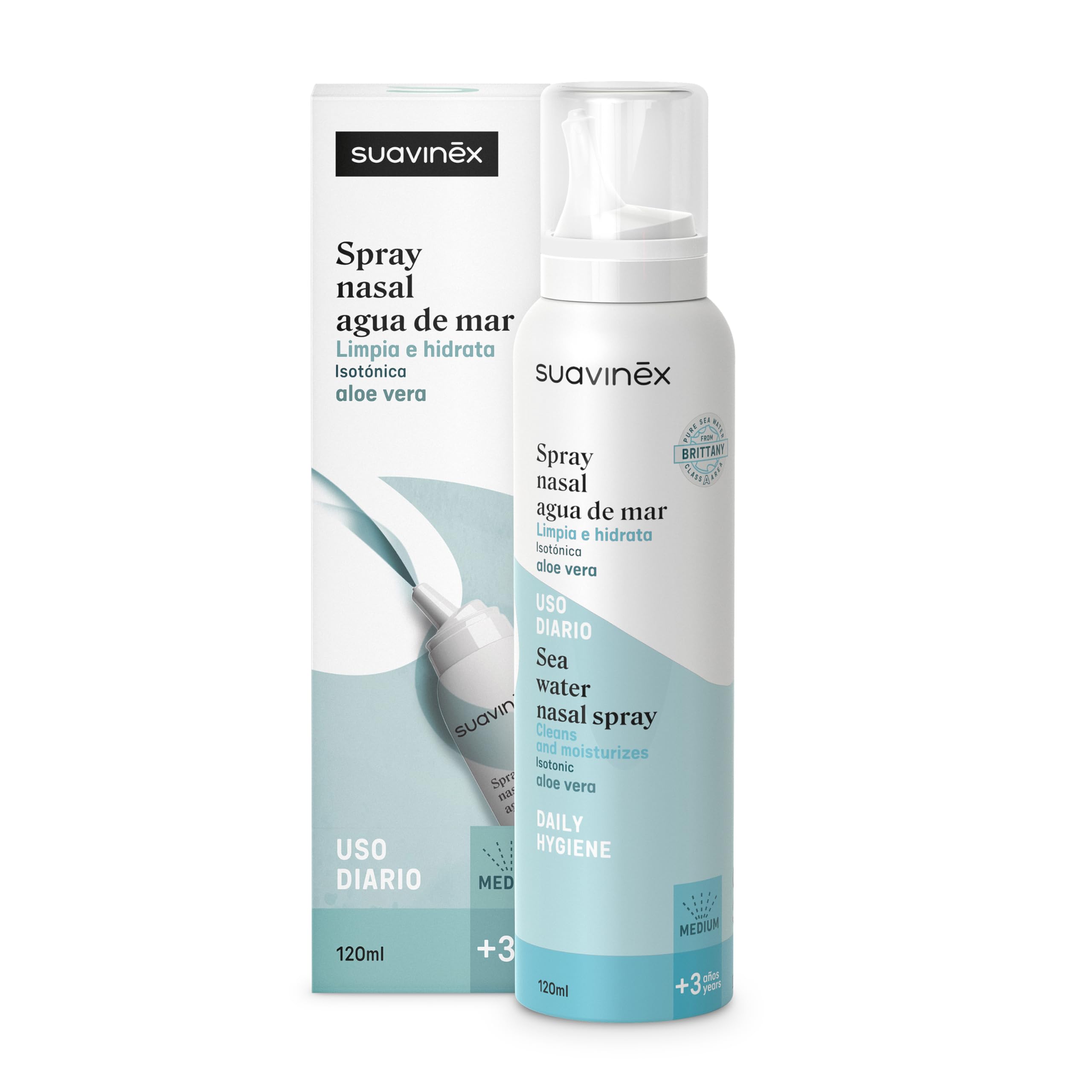 Suavinex, Spray Nasal Infantil con Agua de Mar, Apto Bebés y Niños +3 Años, Isotónico, para la Higiene Diaria, para Lavados Nasales, Limpia e Hidrata, con Aloe Vera, Fuerza Media, 120 ml